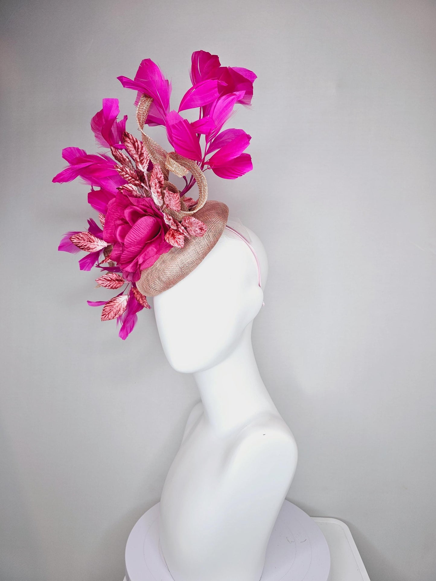 kentucky derby hat fascinator dusty rose pink sinamay,fuchsia pink branching feathers,light pink ombre leaves,large hot pink satin silk rose