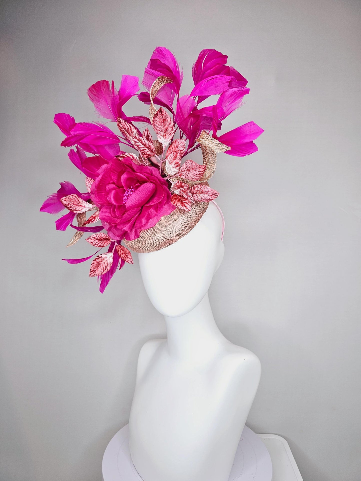 kentucky derby hat fascinator dusty rose pink sinamay,fuchsia pink branching feathers,light pink ombre leaves,large hot pink satin silk rose