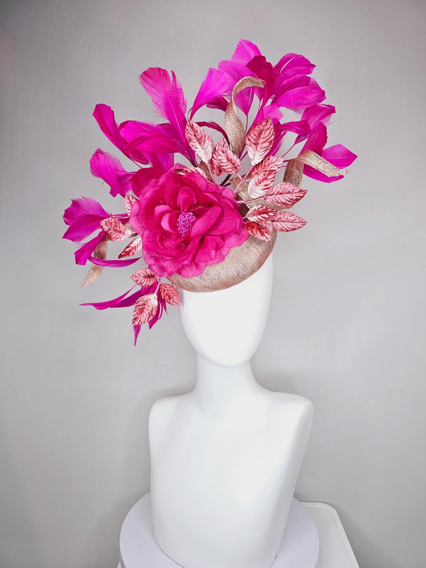 kentucky derby hat fascinator dusty rose pink sinamay,fuchsia pink branching feathers,light pink ombre leaves,large hot pink satin silk rose