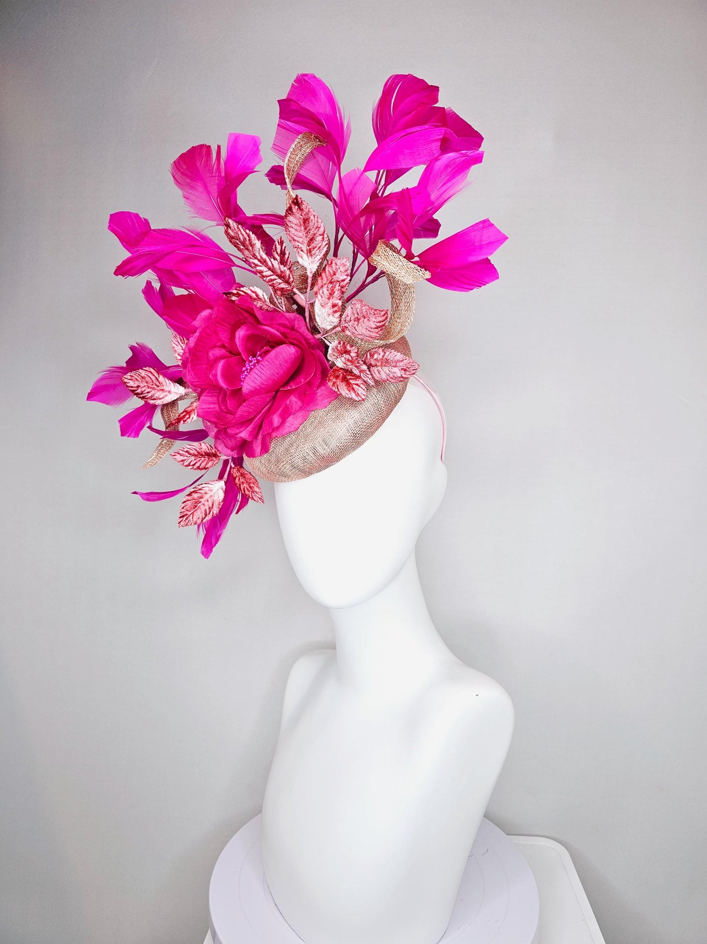 kentucky derby hat fascinator dusty rose pink sinamay,fuchsia pink branching feathers,light pink ombre leaves,large hot pink satin silk rose