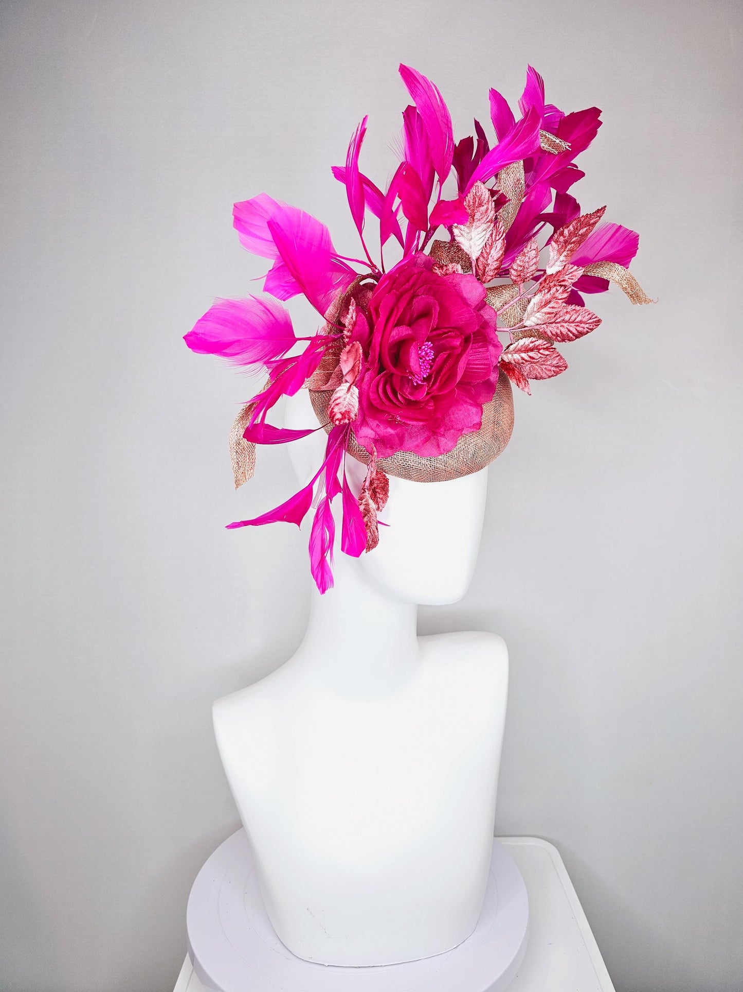 kentucky derby hat fascinator dusty rose pink sinamay,fuchsia pink branching feathers,light pink ombre leaves,large hot pink satin silk rose