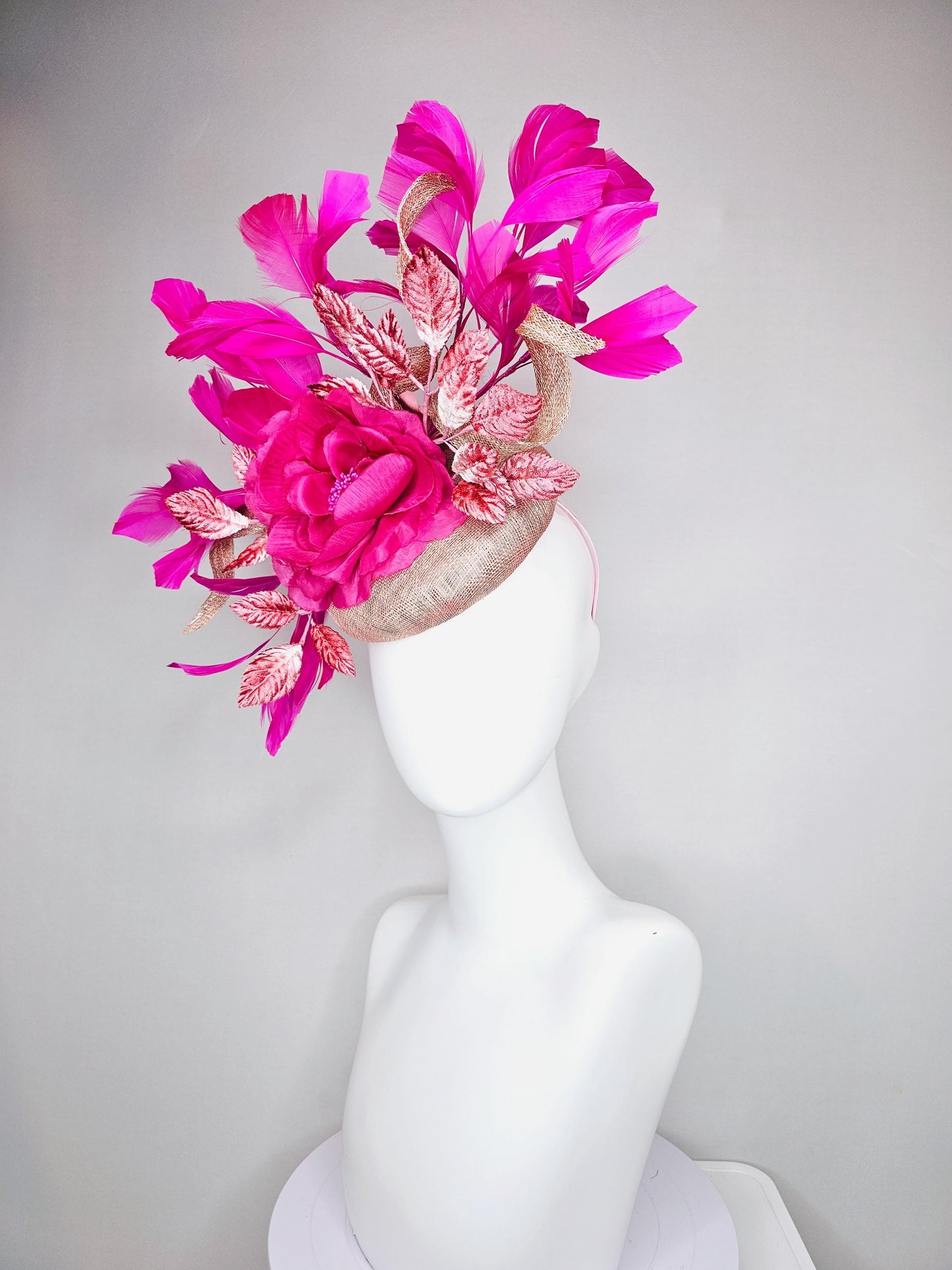 kentucky derby hat fascinator dusty rose pink sinamay,fuchsia pink branching feathers,light pink ombre leaves,large hot pink satin silk rose