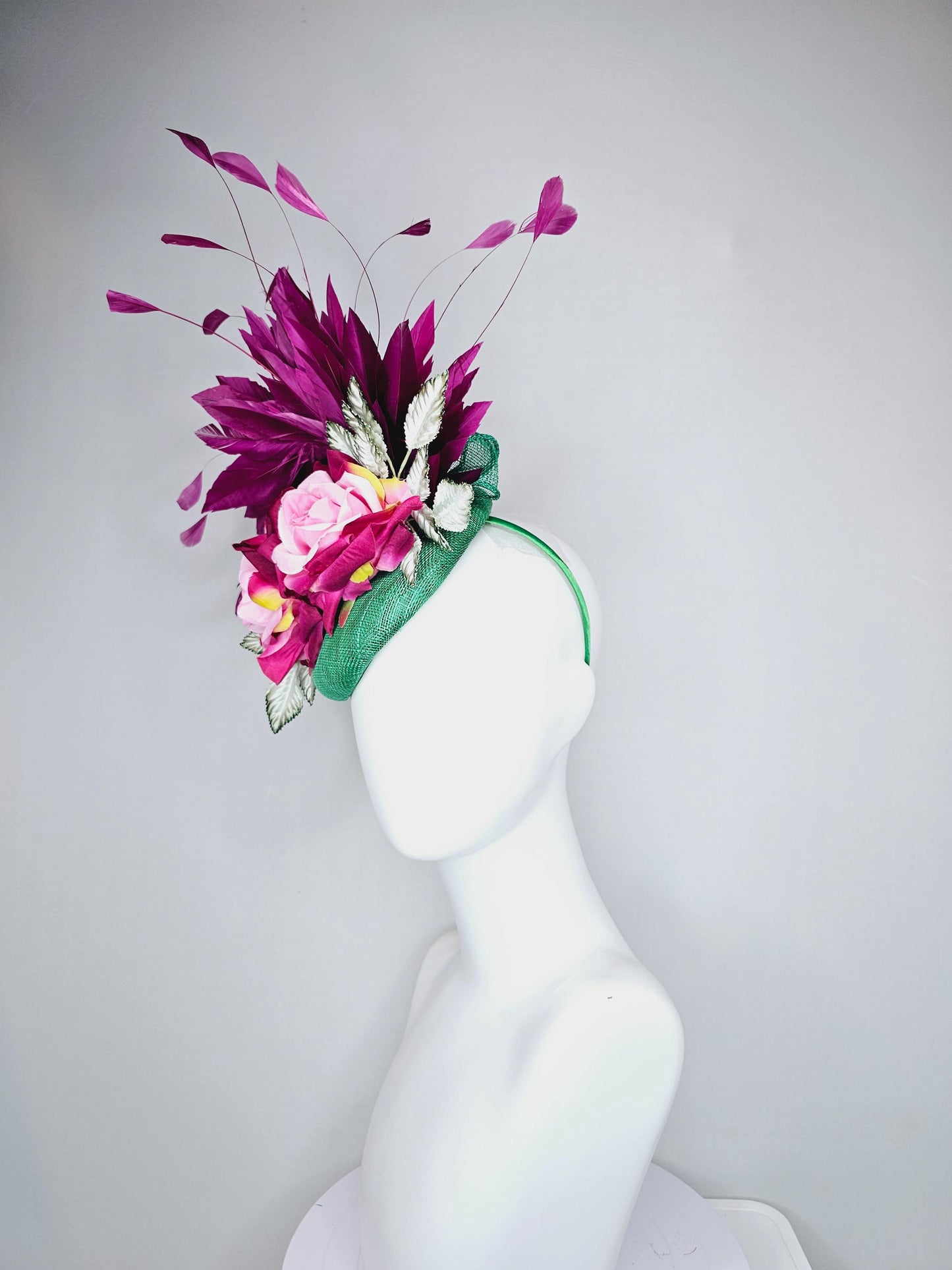 kentucky derby hat fascinator green sinamay with magenta purple branching feathers,light green ombre leaves,pink yellow fuchsia satin roses