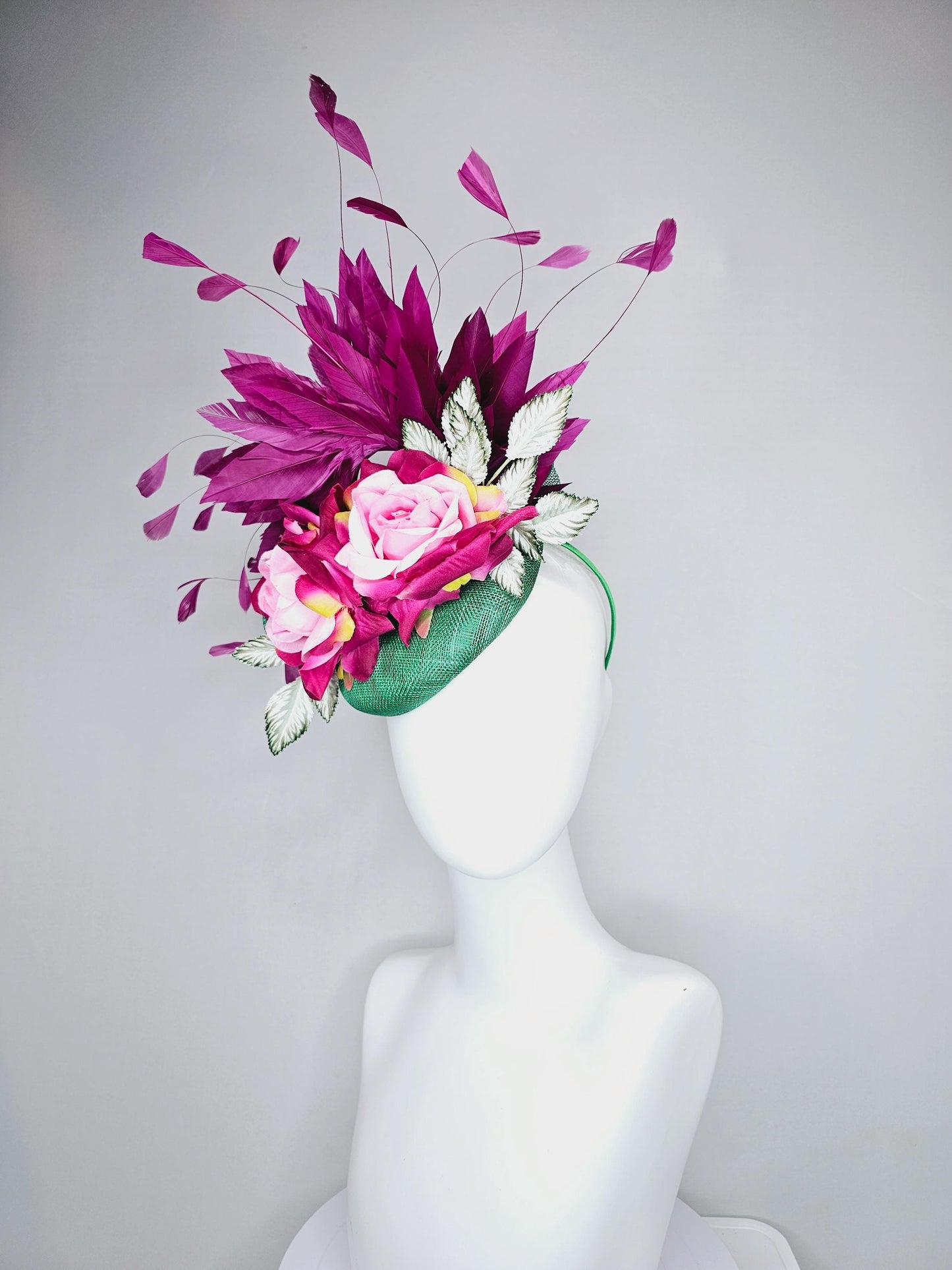 kentucky derby hat fascinator green sinamay with magenta purple branching feathers,light green ombre leaves,pink yellow fuchsia satin roses