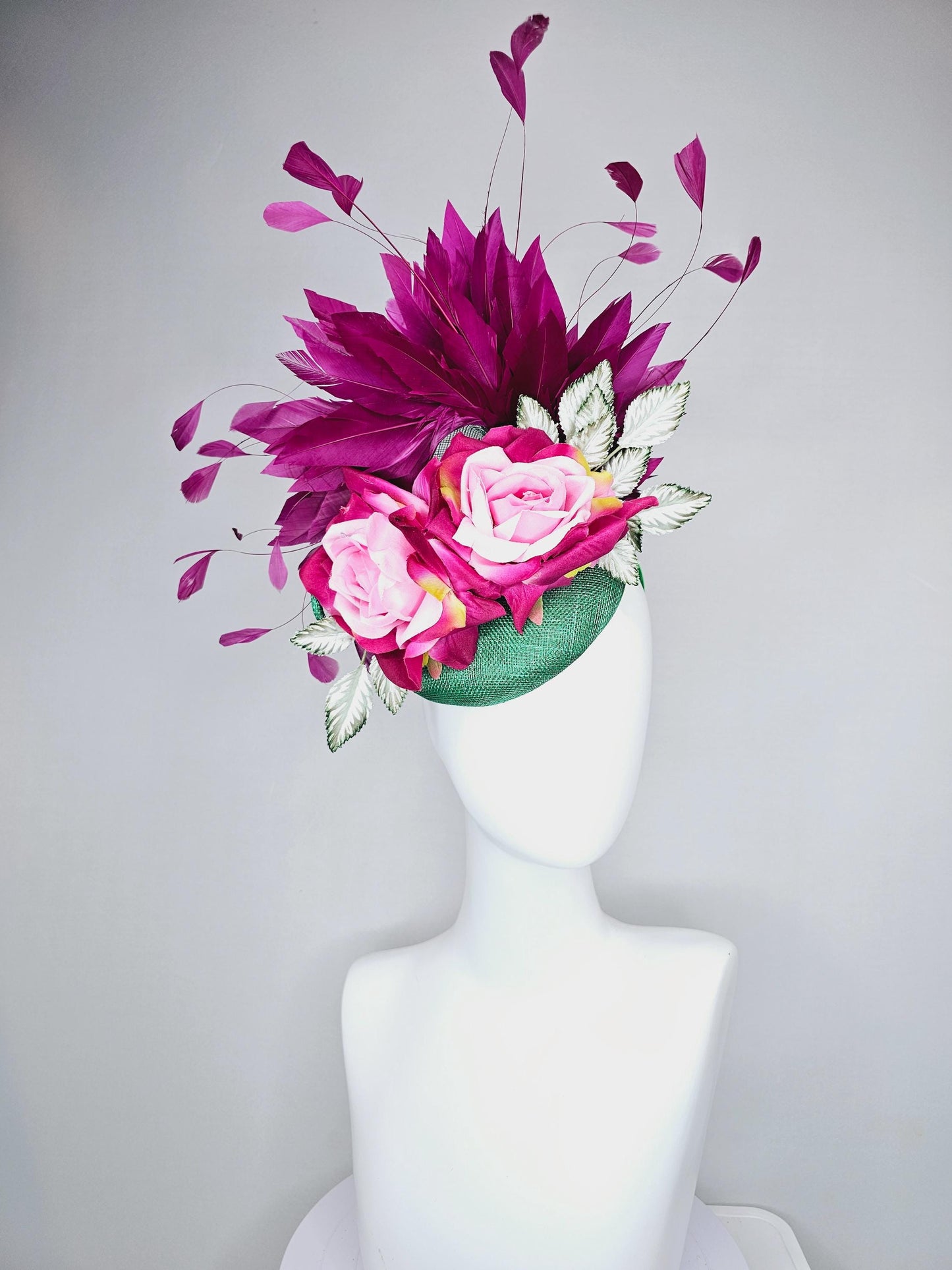 kentucky derby hat fascinator green sinamay with magenta purple branching feathers,light green ombre leaves,pink yellow fuchsia satin roses