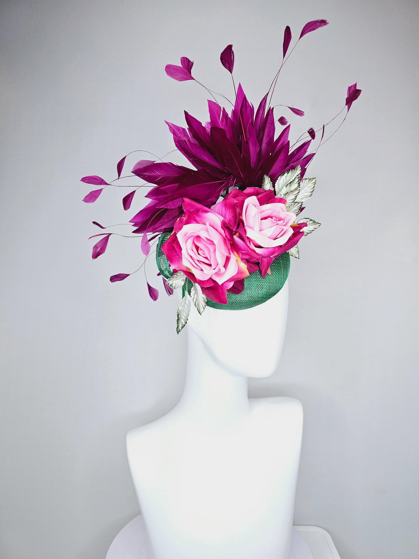 kentucky derby hat fascinator green sinamay with magenta purple branching feathers,light green ombre leaves,pink yellow fuchsia satin roses