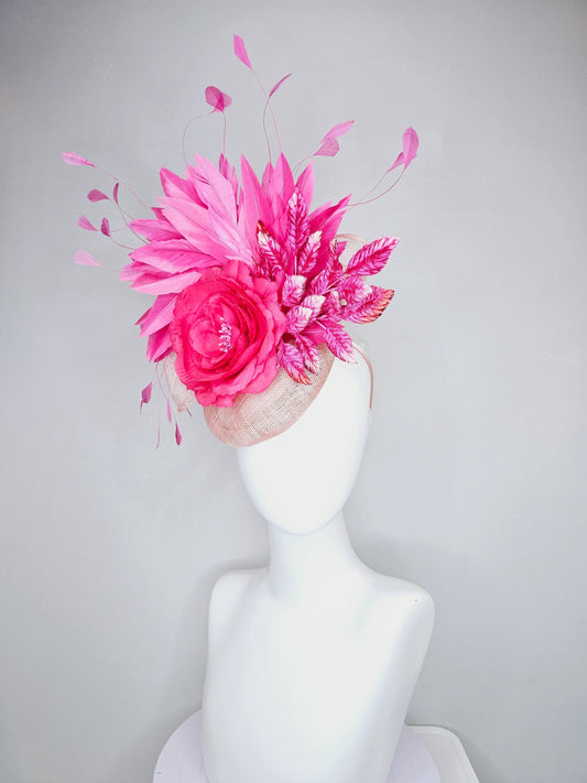 kentucky derby hat fascinator link pink champagne sinamay with hot bright pink satin rose flower, pink leaves, pink branching feathers