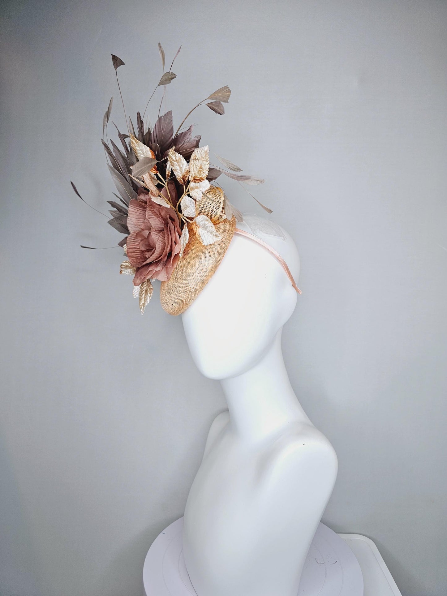 kentucky derby hat fascinator neutral beige gold sinamay, dusty pink satin silk rose flower, gold leaves, taupe gray branching feathers