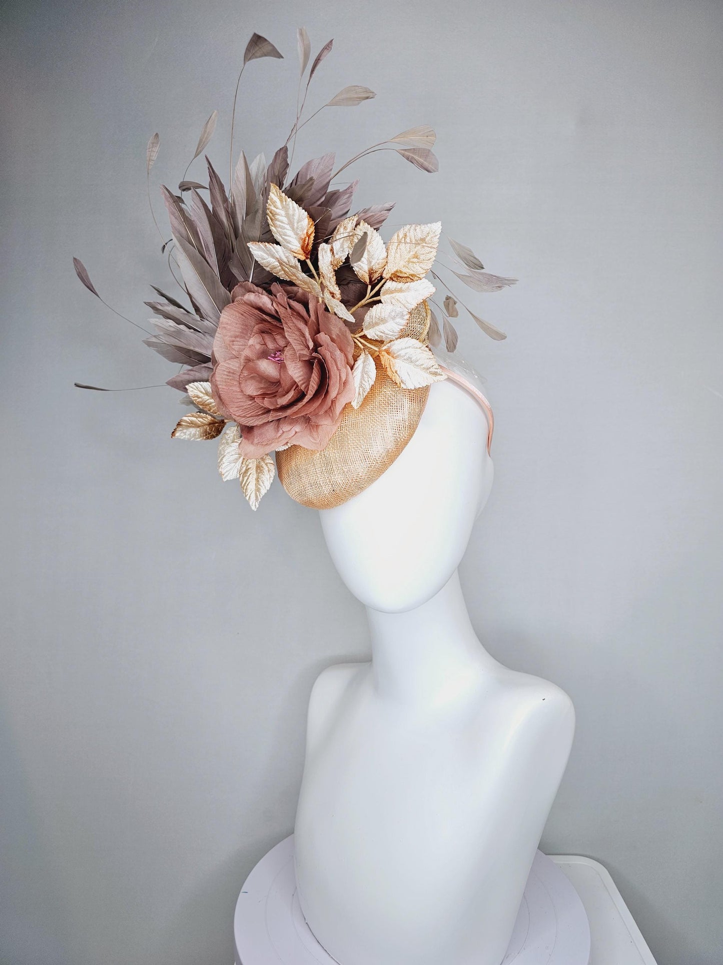 kentucky derby hat fascinator neutral beige gold sinamay, dusty pink satin silk rose flower, gold leaves, taupe gray branching feathers