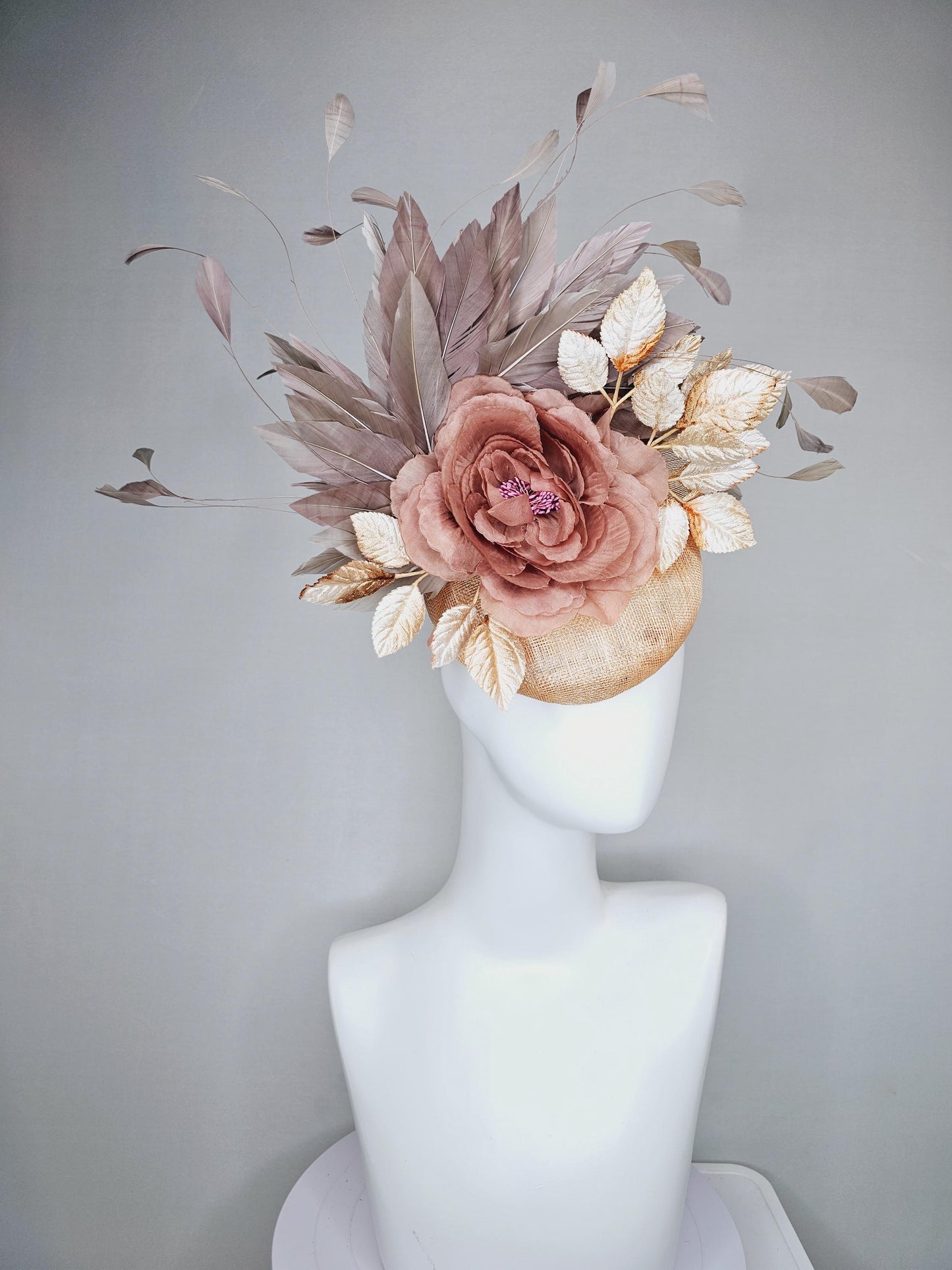 kentucky derby hat fascinator neutral beige gold sinamay, dusty pink satin silk rose flower, gold leaves, taupe gray branching feathers