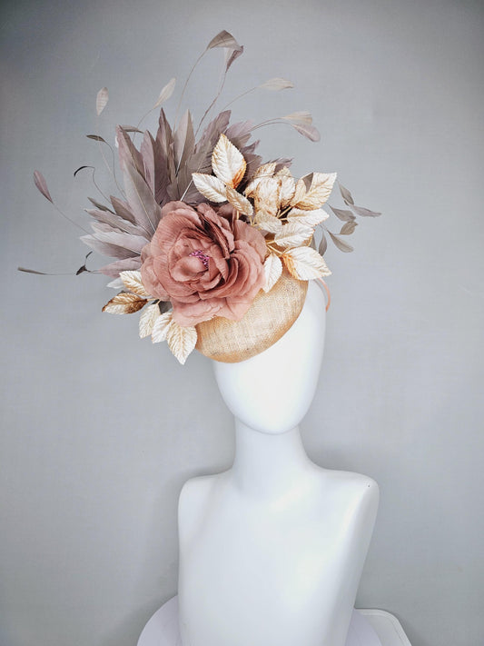 kentucky derby hat fascinator neutral beige gold sinamay, dusty pink satin silk rose flower, gold leaves, taupe gray branching feathers