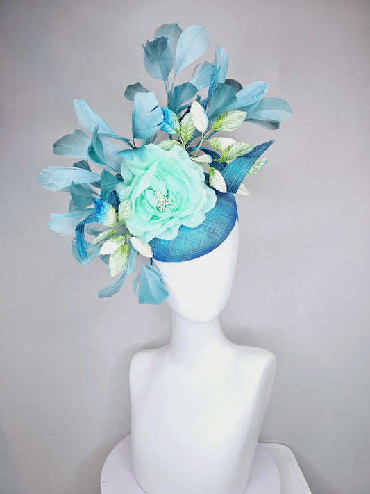 kentucky derby hat fascinator sky blue sinamay base w/ sinamay curls,mint green silk satin rose flower,ombre green leaves,teal blue feathers