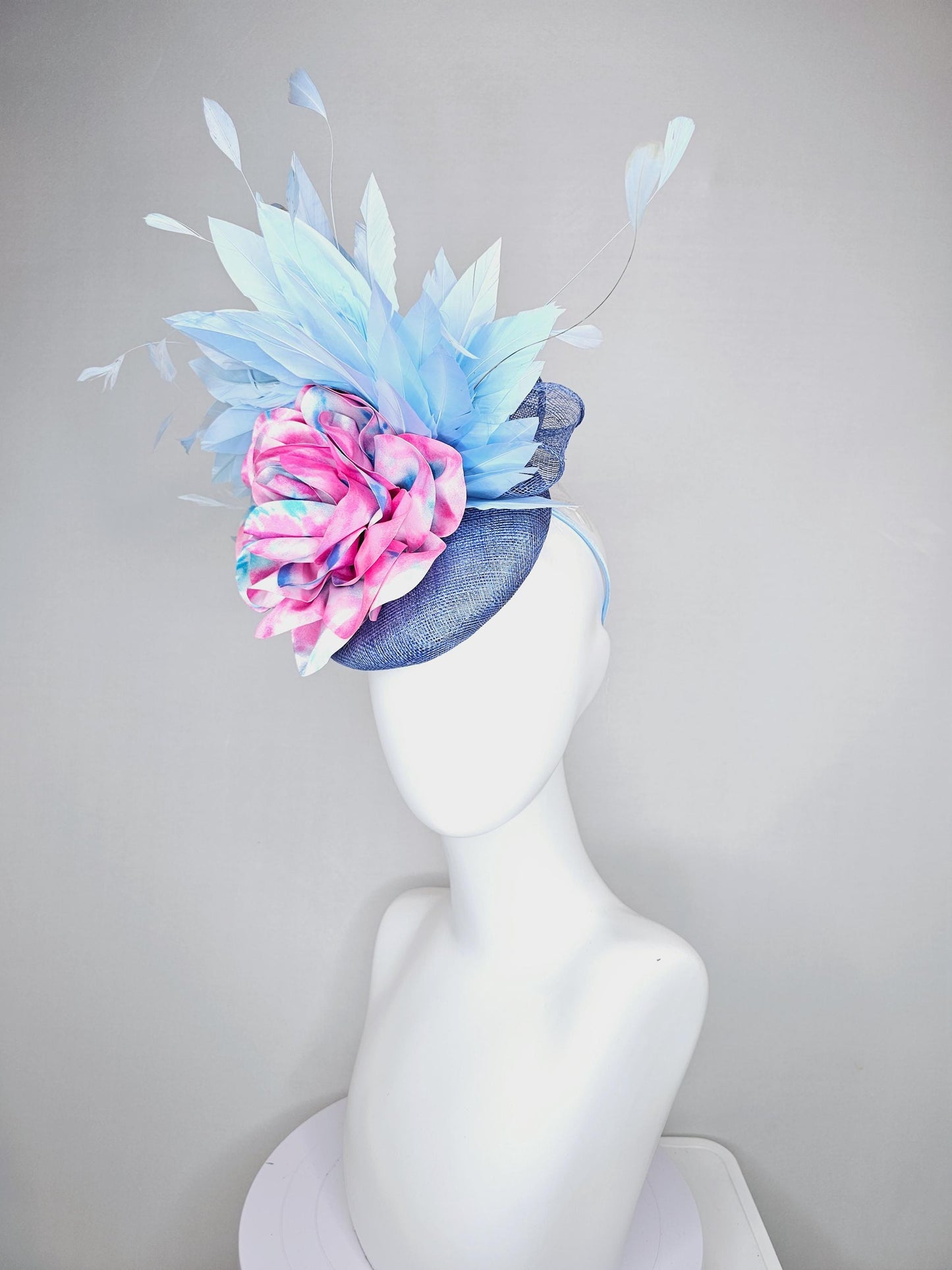 kentucky derby hat fascinator blue sinamay with light blue branching feathers and large pink and blue tie dye satin rose flower