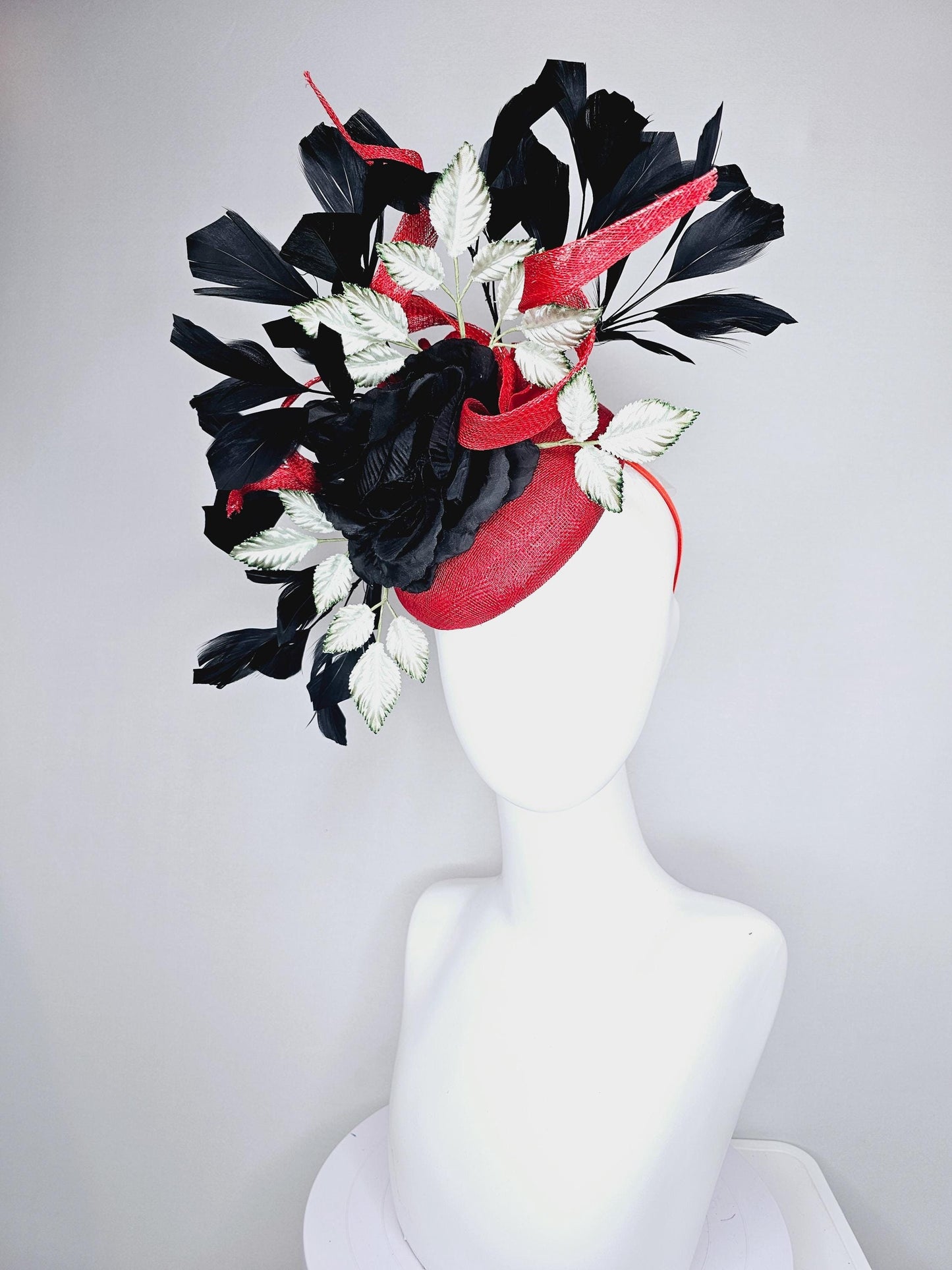 kentucky derby hat fascinator red sinamay base with red sinamay curls, black satin rose flower, ombre green leaves, black branching feathers