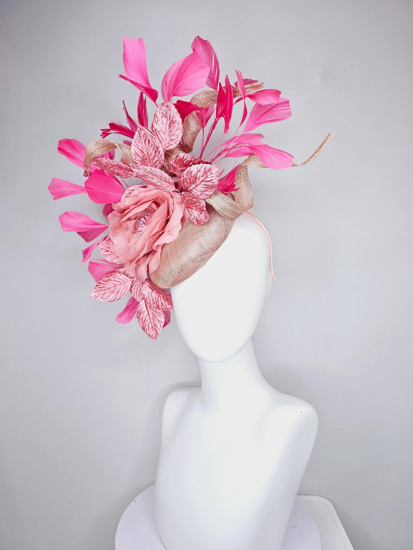 kentucky derby hat fascinator dusty pink sinamay base with sinamay curls,blush pink satin flower, blush pink leaves, pink branching feathers