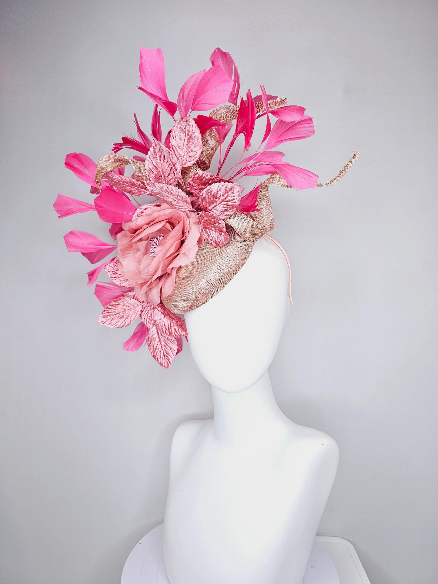 kentucky derby hat fascinator dusty pink sinamay base with sinamay curls,blush pink satin flower, blush pink leaves, pink branching feathers