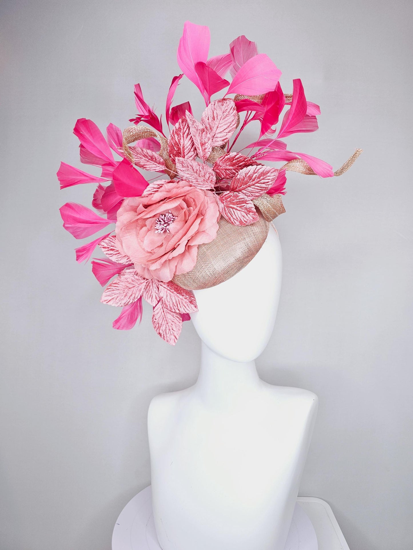 kentucky derby hat fascinator dusty pink sinamay base with sinamay curls,blush pink satin flower, blush pink leaves, pink branching feathers