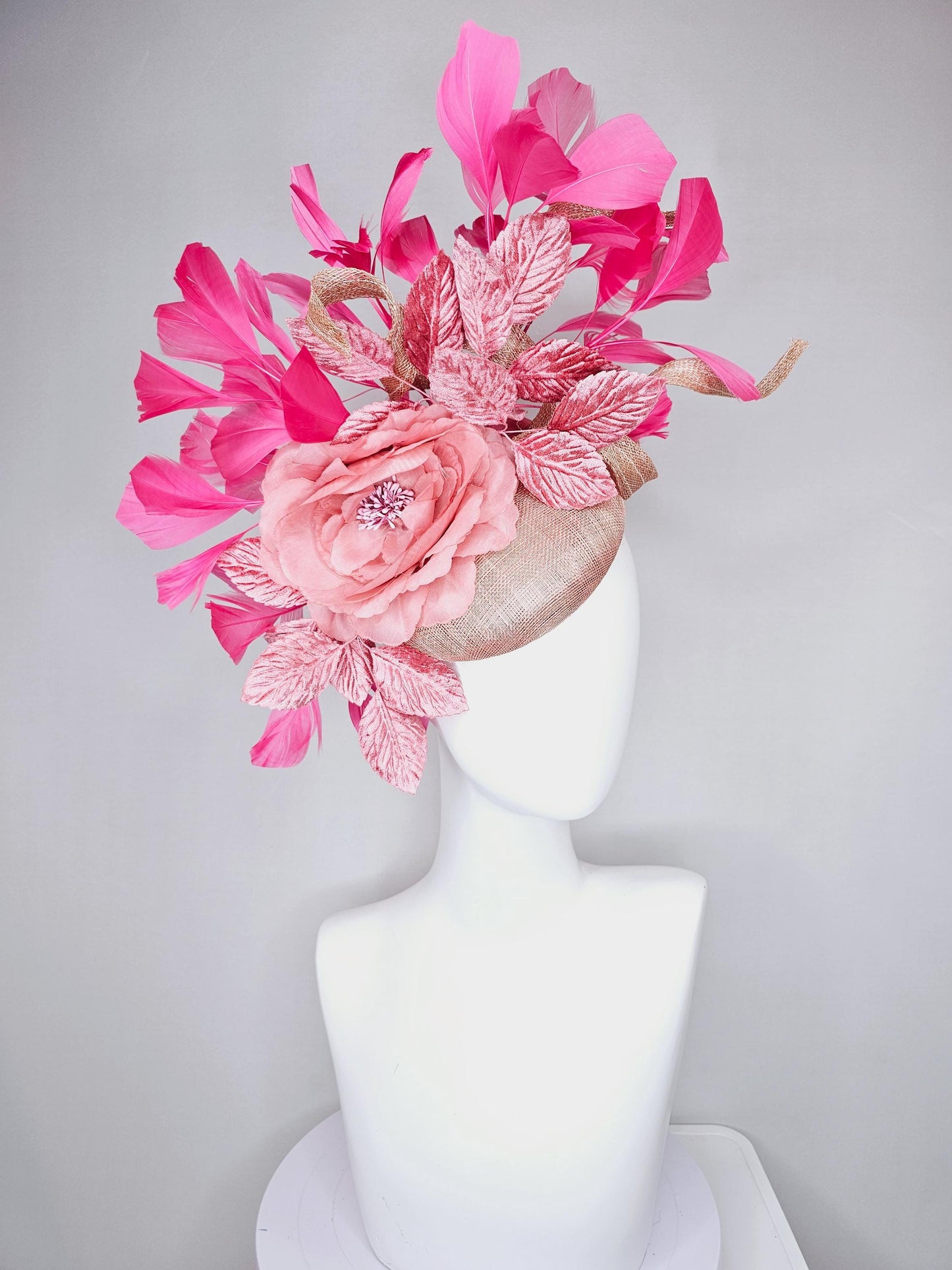 kentucky derby hat fascinator dusty pink sinamay base with sinamay curls,blush pink satin flower, blush pink leaves, pink branching feathers