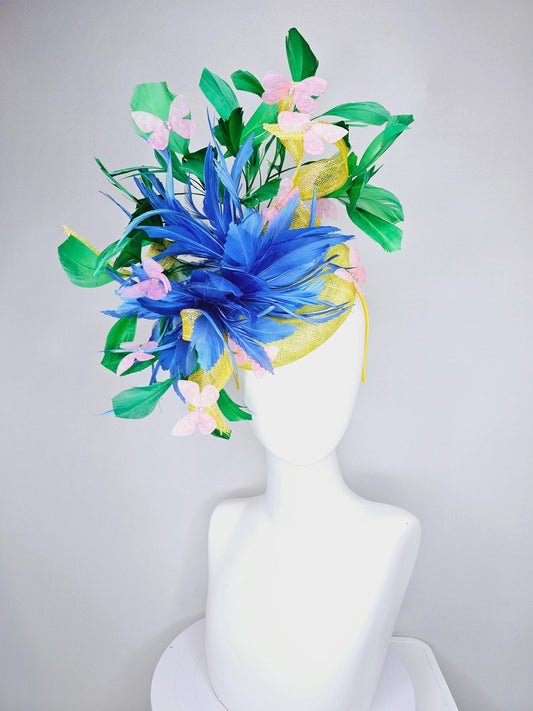 kentucky derby hat fascinator yellow sinamay w/ sinamay curls,fluffy cobalt blue emerald green branching feathers and light pink butterflies