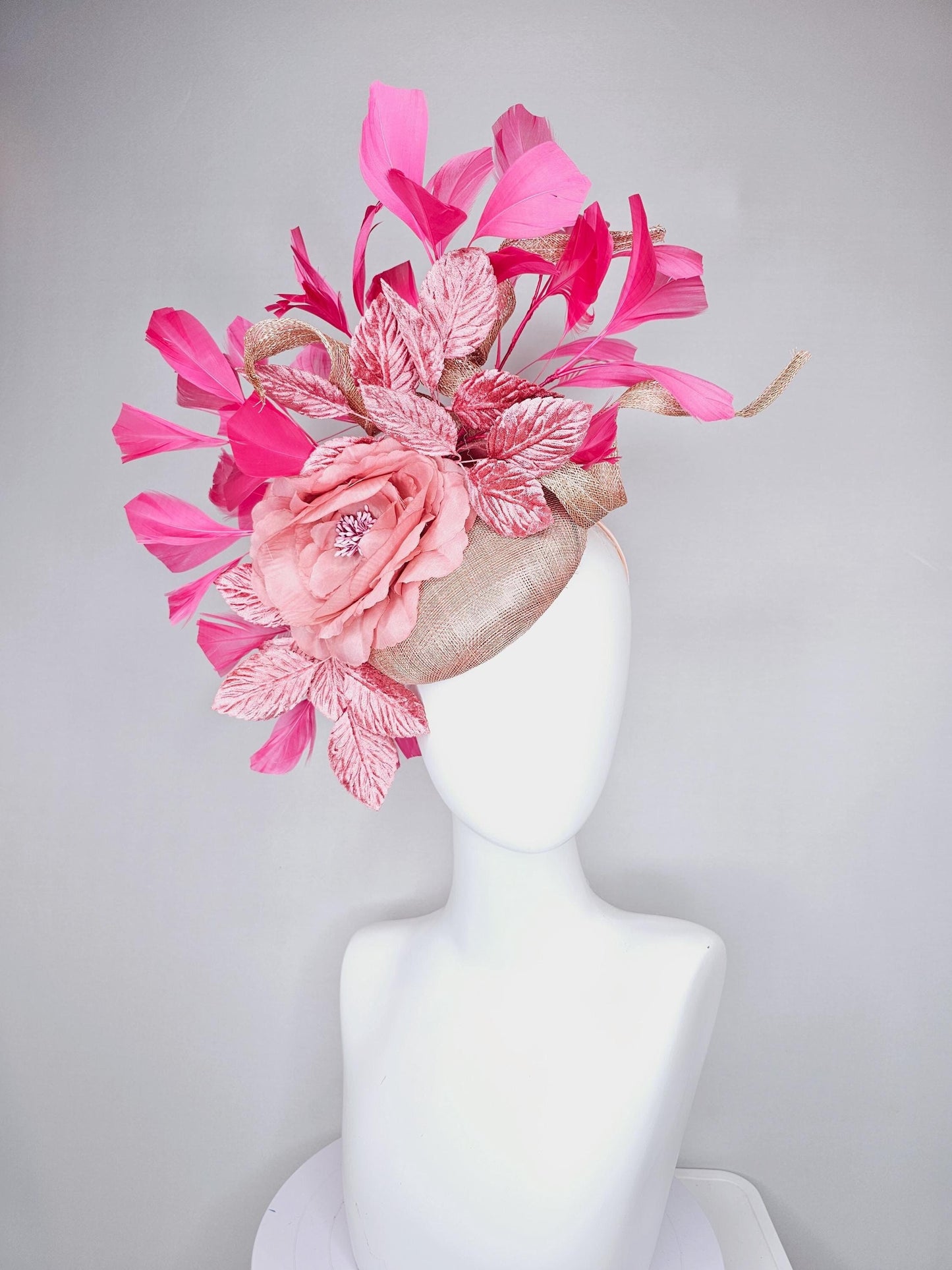 kentucky derby hat fascinator dusty pink sinamay base with sinamay curls,blush pink satin flower, blush pink leaves, pink branching feathers