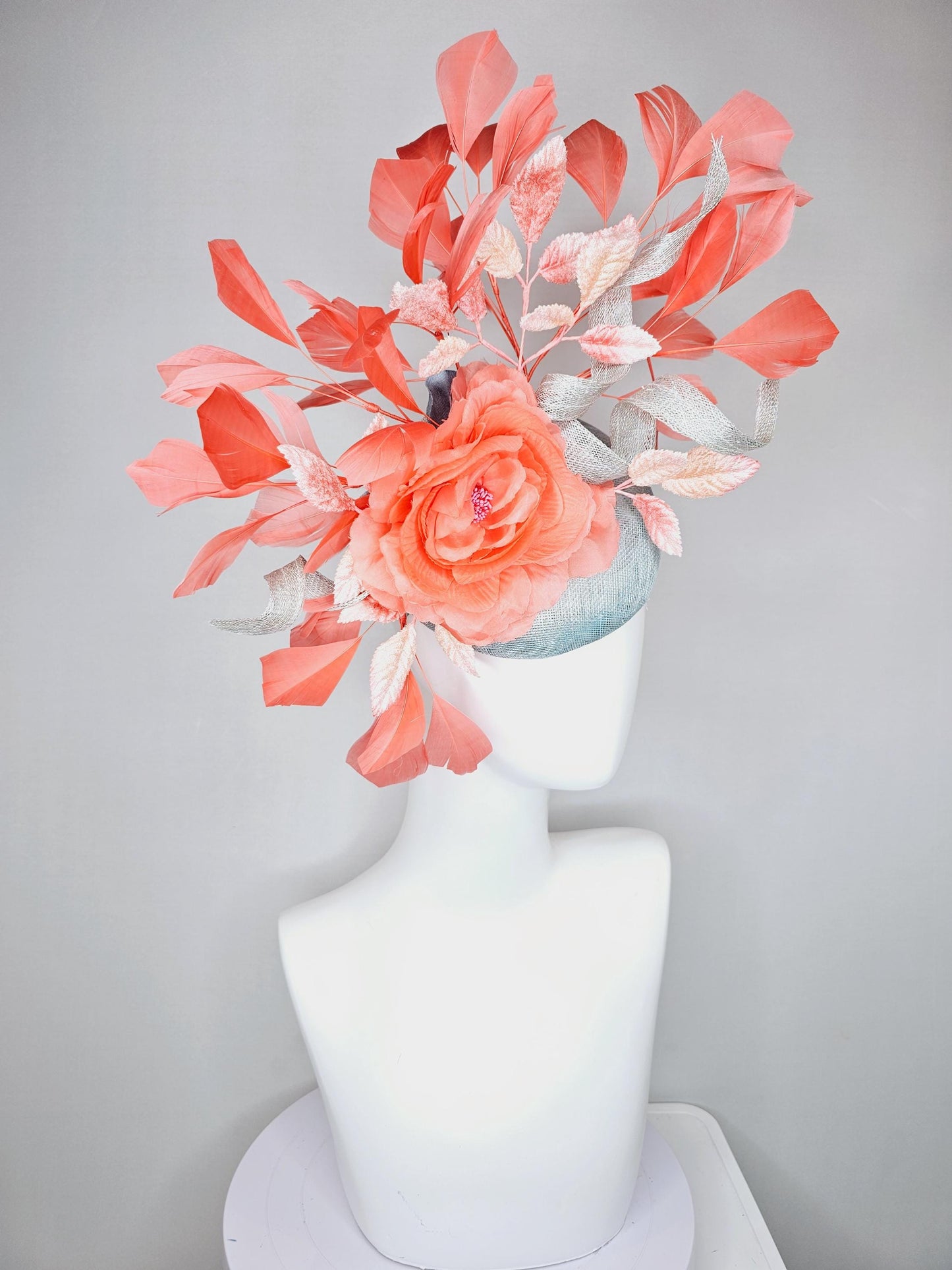 kentucky derby hat fascinator light blue sinamay w/ sinamay curls, coral peach orange satin flower, ombre peach leaves,coral orange feathers