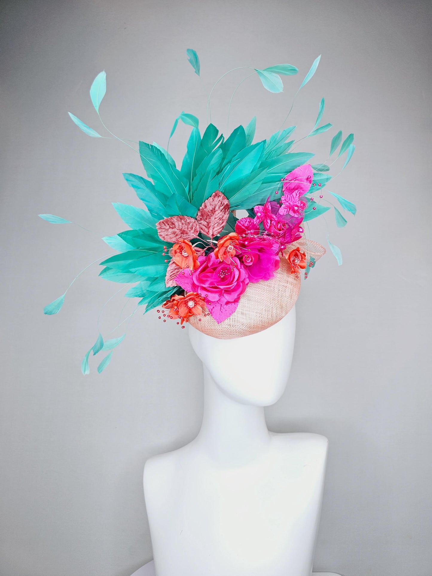 kentucky derby hat fascinator light pink sinamay with mint green branching feathers,bright pink coral orange satin flowers,blush pink leaves