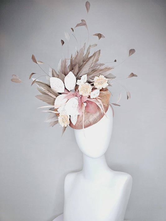 kentucky derby hat fascinator dusty pink sinamay,taupe brown gray and blush pink branching feathers,ivory leaves,beige tan white flowers