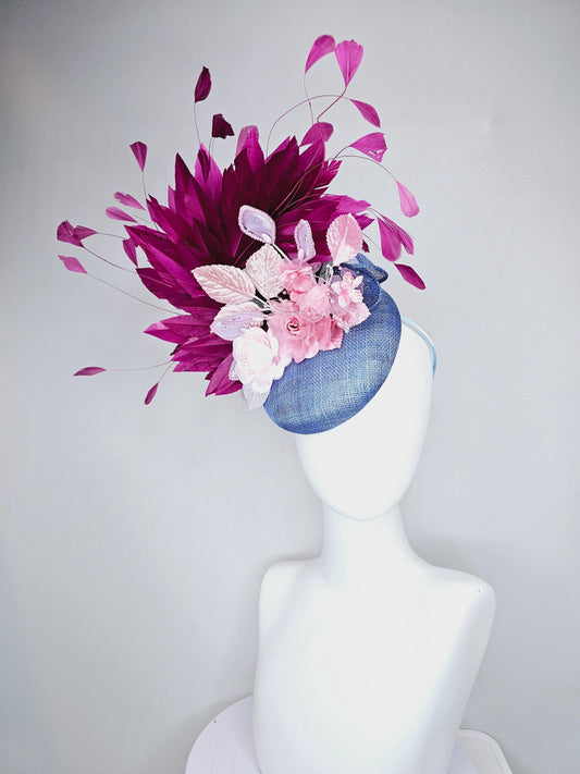 kentucky derby hat fascinator blue sinamay with purple branching feathers,lavender pearl beaded leaves,light pink organza satin flowers