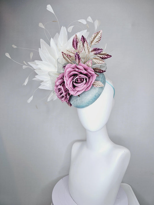 kentucky derby hat fascinator light blue sinamay,white branching feathers,purple beige ombre leaves,with large lilac purple satin silk roses