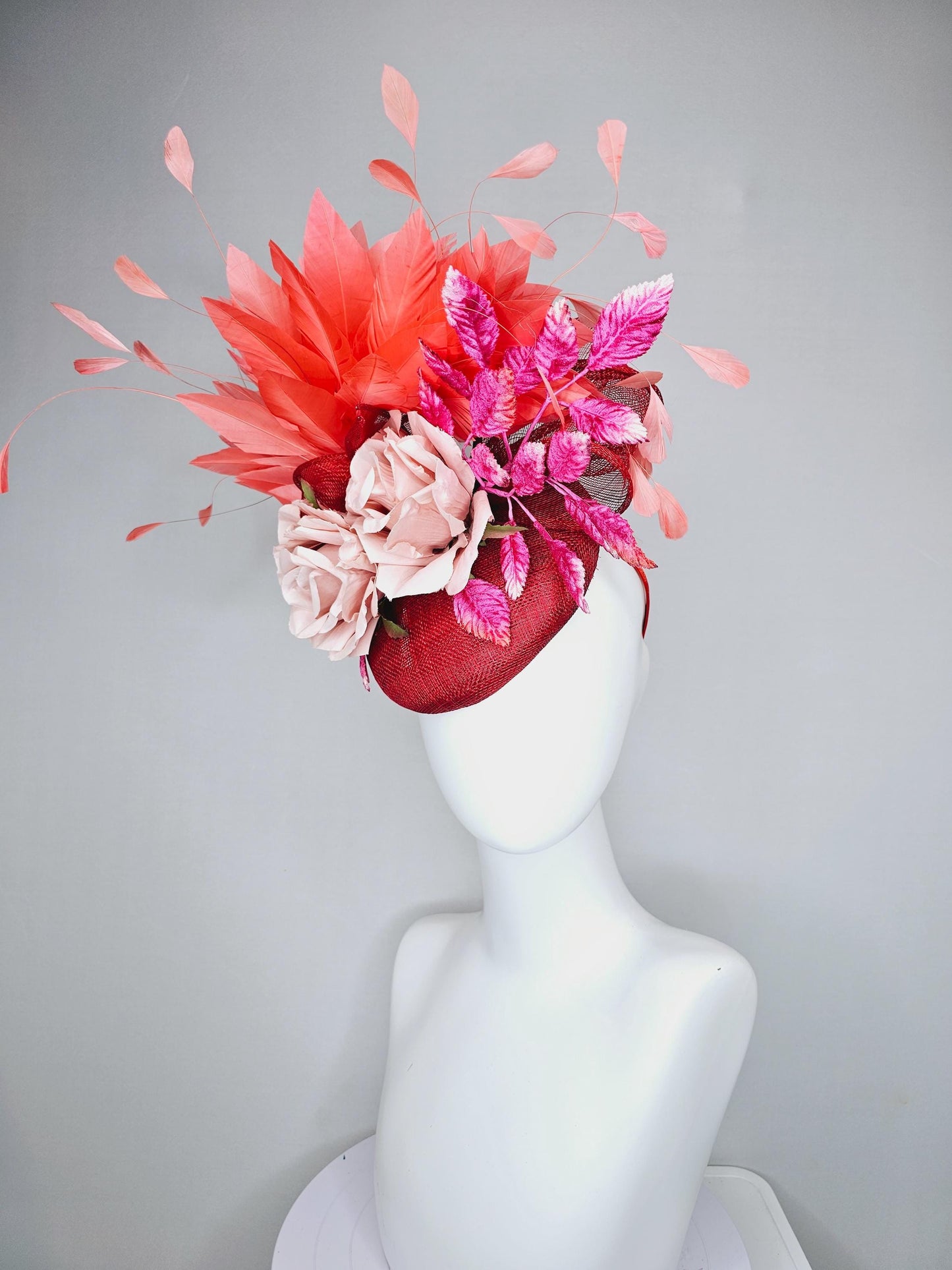 kentucky derby hat fascinator red sinamay with curls,coral orange branching feathers, pink velvet leaves,light rose pink satin silk flowers