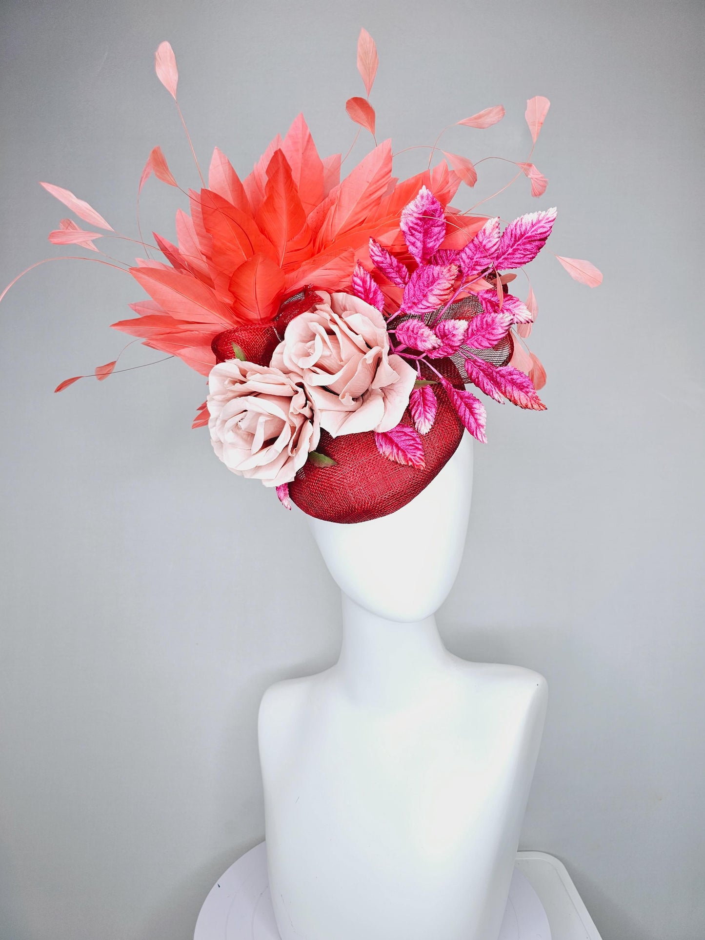 kentucky derby hat fascinator red sinamay with curls,coral orange branching feathers, pink velvet leaves,light rose pink satin silk flowers