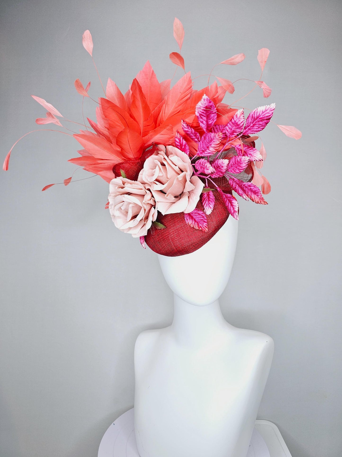 kentucky derby hat fascinator red sinamay with curls,coral orange branching feathers, pink velvet leaves,light rose pink satin silk flowers