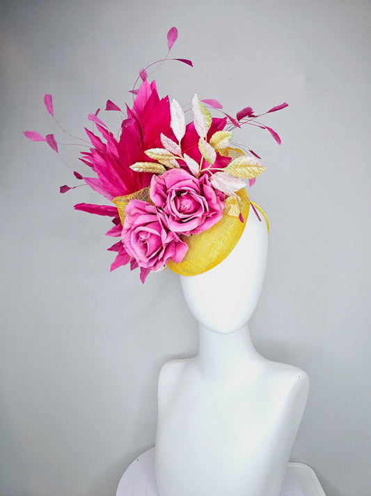 kentucky derby hat fascinator bright yellow sinamay with hot pink branching feathers,ombre yellow leaves and pink satin silk rose flowers