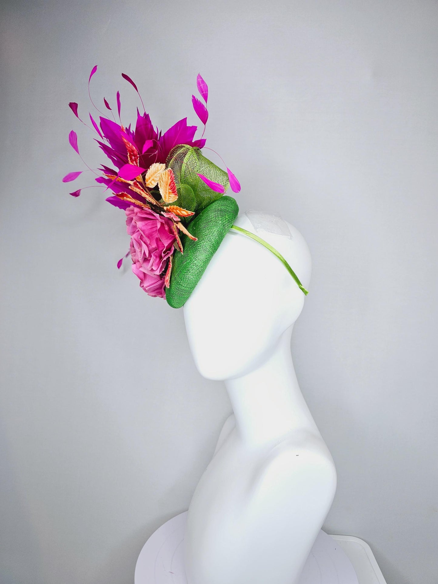 kentucky derby hat fascinator green sinamay with fuchsia purple branching feathers,ombre orange leaves,pink satin silk rose flowers