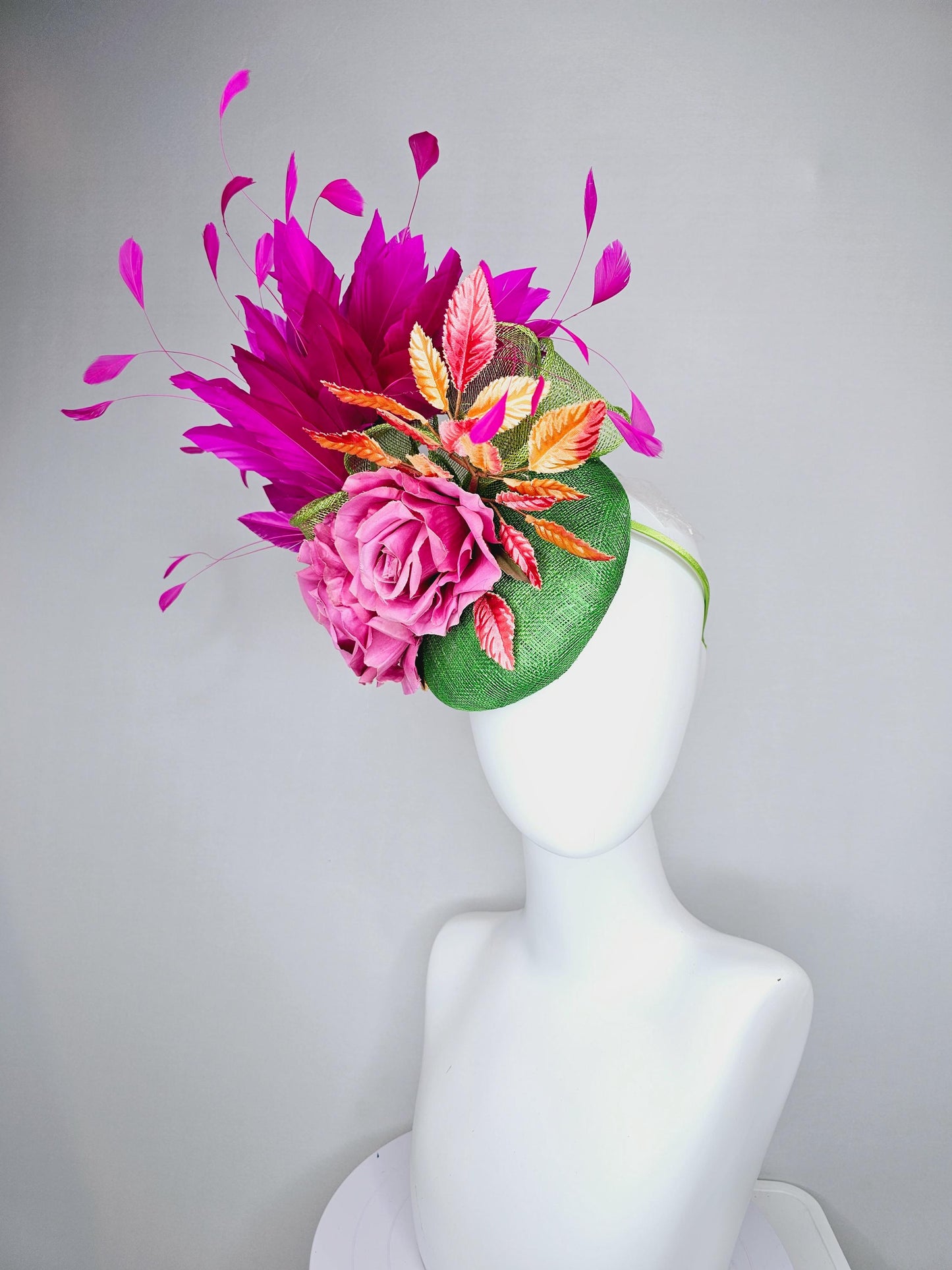 kentucky derby hat fascinator green sinamay with fuchsia purple branching feathers,ombre orange leaves,pink satin silk rose flowers