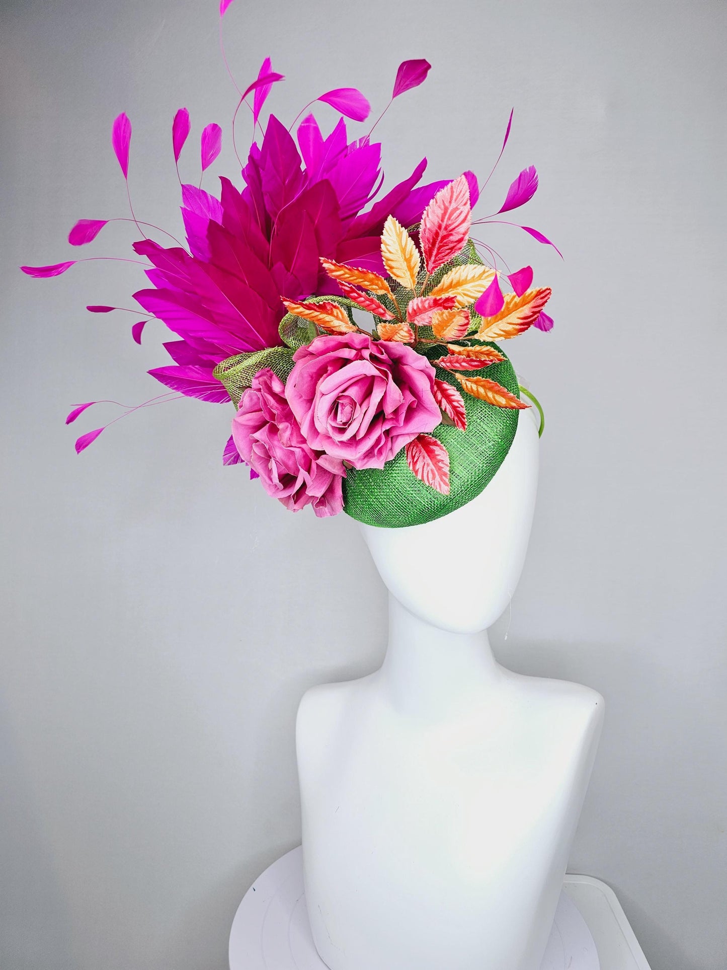 kentucky derby hat fascinator green sinamay with fuchsia purple branching feathers,ombre orange leaves,pink satin silk rose flowers