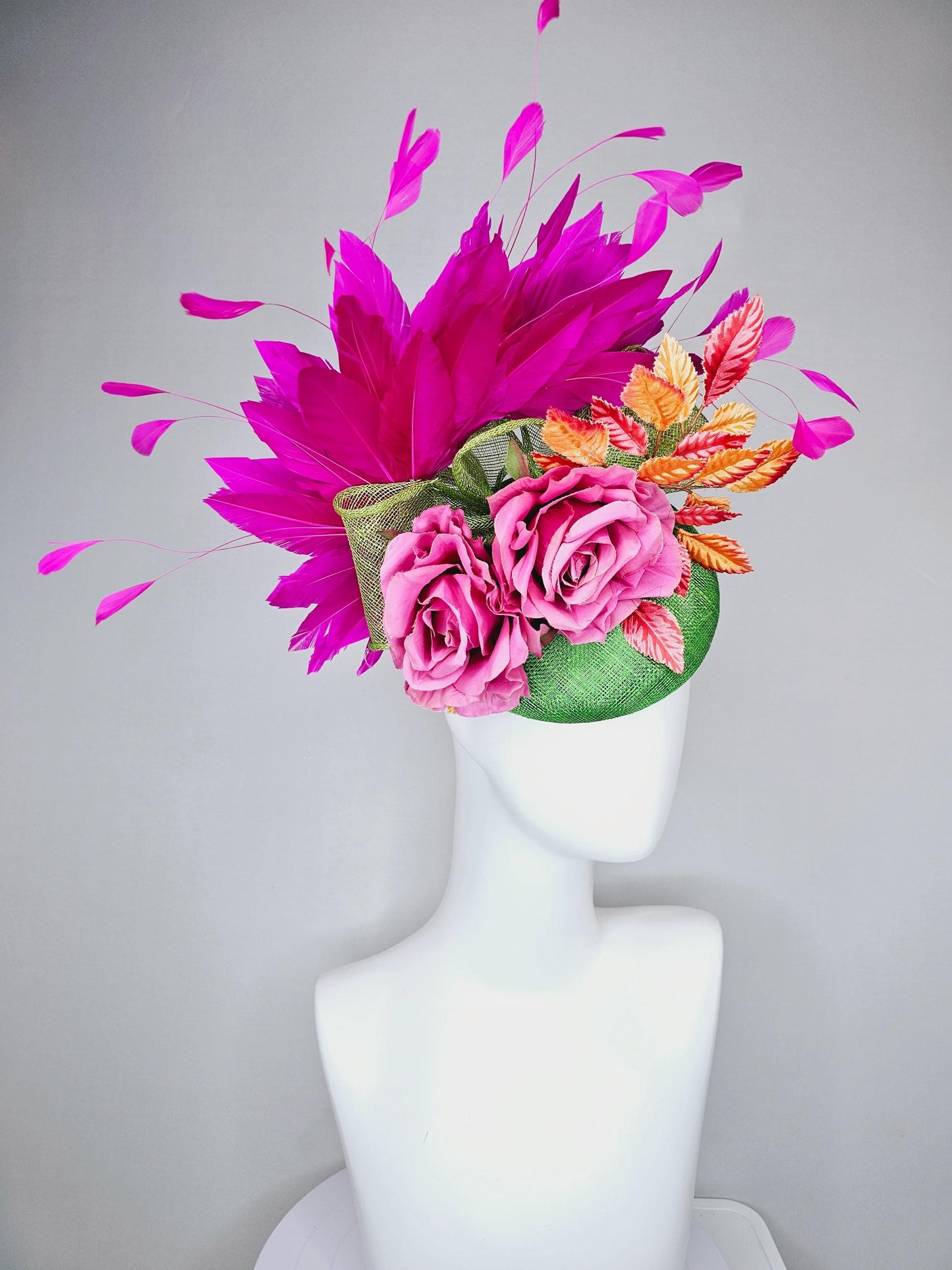 kentucky derby hat fascinator green sinamay with fuchsia purple branching feathers,ombre orange leaves,pink satin silk rose flowers