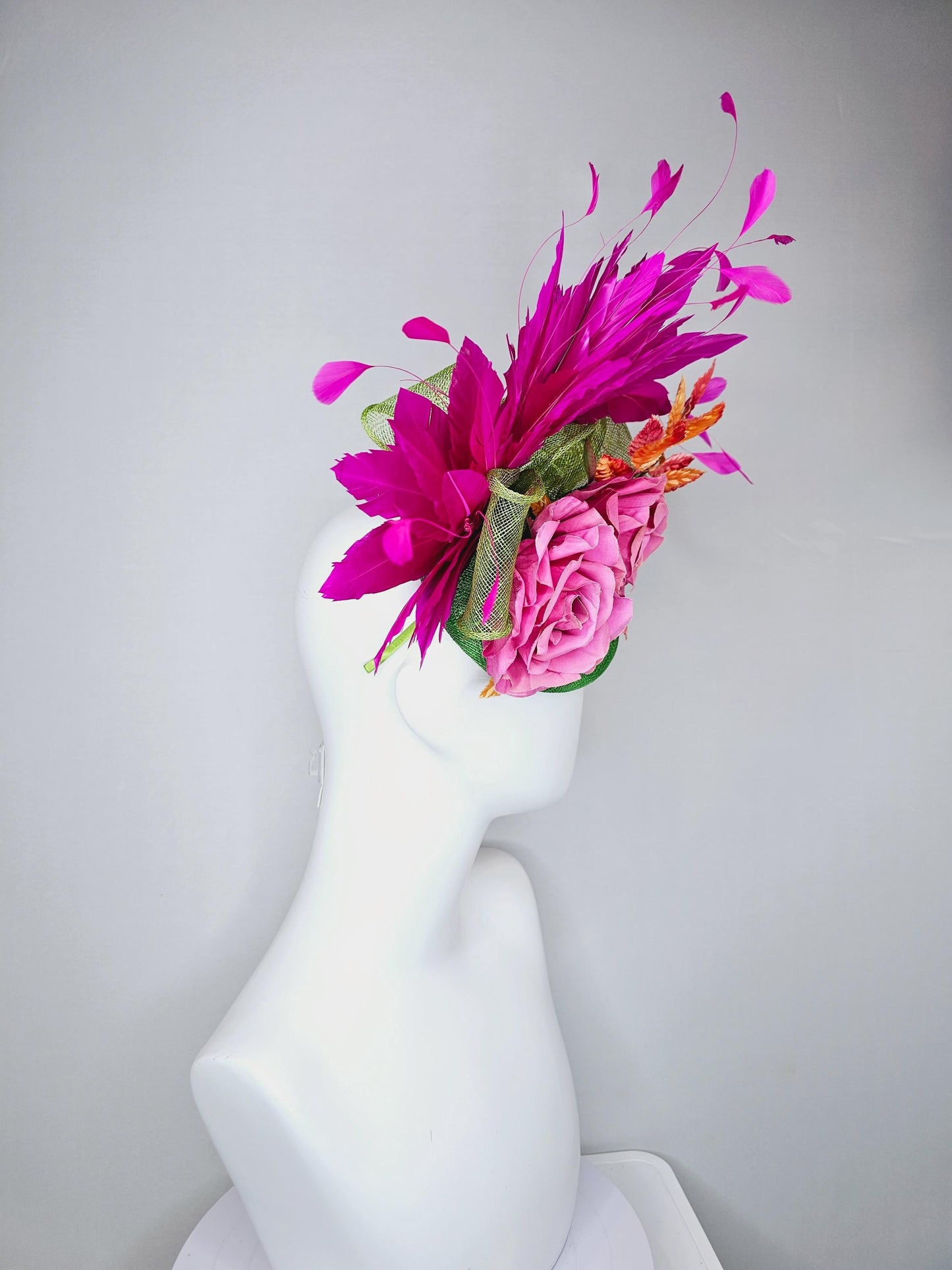 kentucky derby hat fascinator green sinamay with fuchsia purple branching feathers,ombre orange leaves,pink satin silk rose flowers