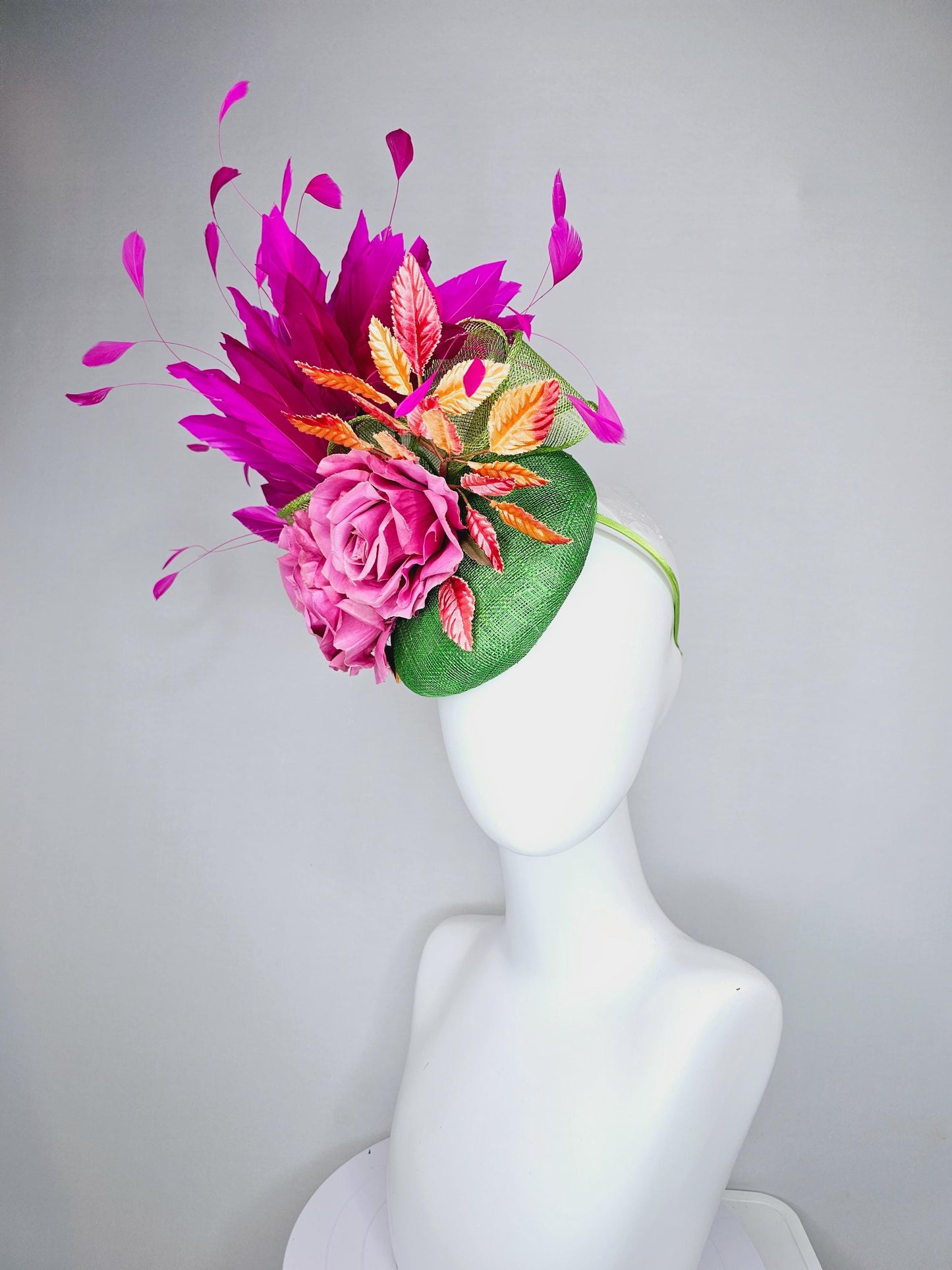 kentucky derby hat fascinator green sinamay with fuchsia purple branching feathers,ombre orange leaves,pink satin silk rose flowers