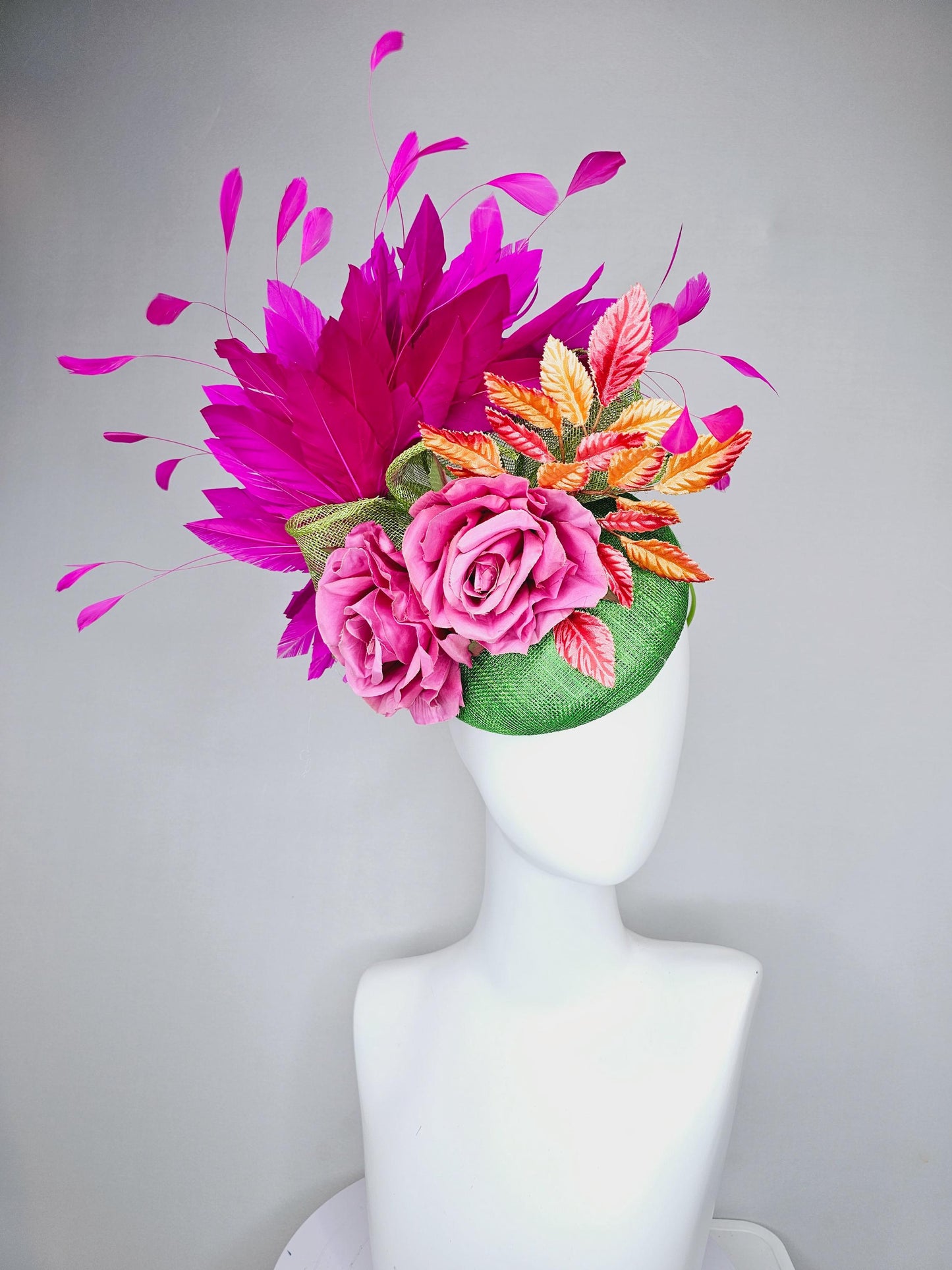 kentucky derby hat fascinator green sinamay with fuchsia purple branching feathers,ombre orange leaves,pink satin silk rose flowers