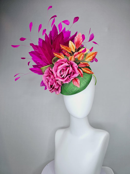 kentucky derby hat fascinator green sinamay with fuchsia purple branching feathers,ombre orange leaves,pink satin silk rose flowers