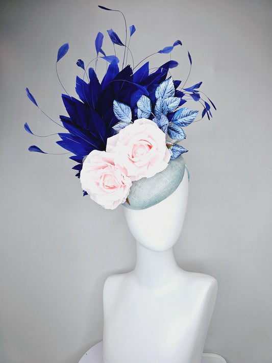 kentucky derby hat fascinator light blue sinamay,midnight navy blue branching feathers,light blue ombre leaves,light pink satin silk roses