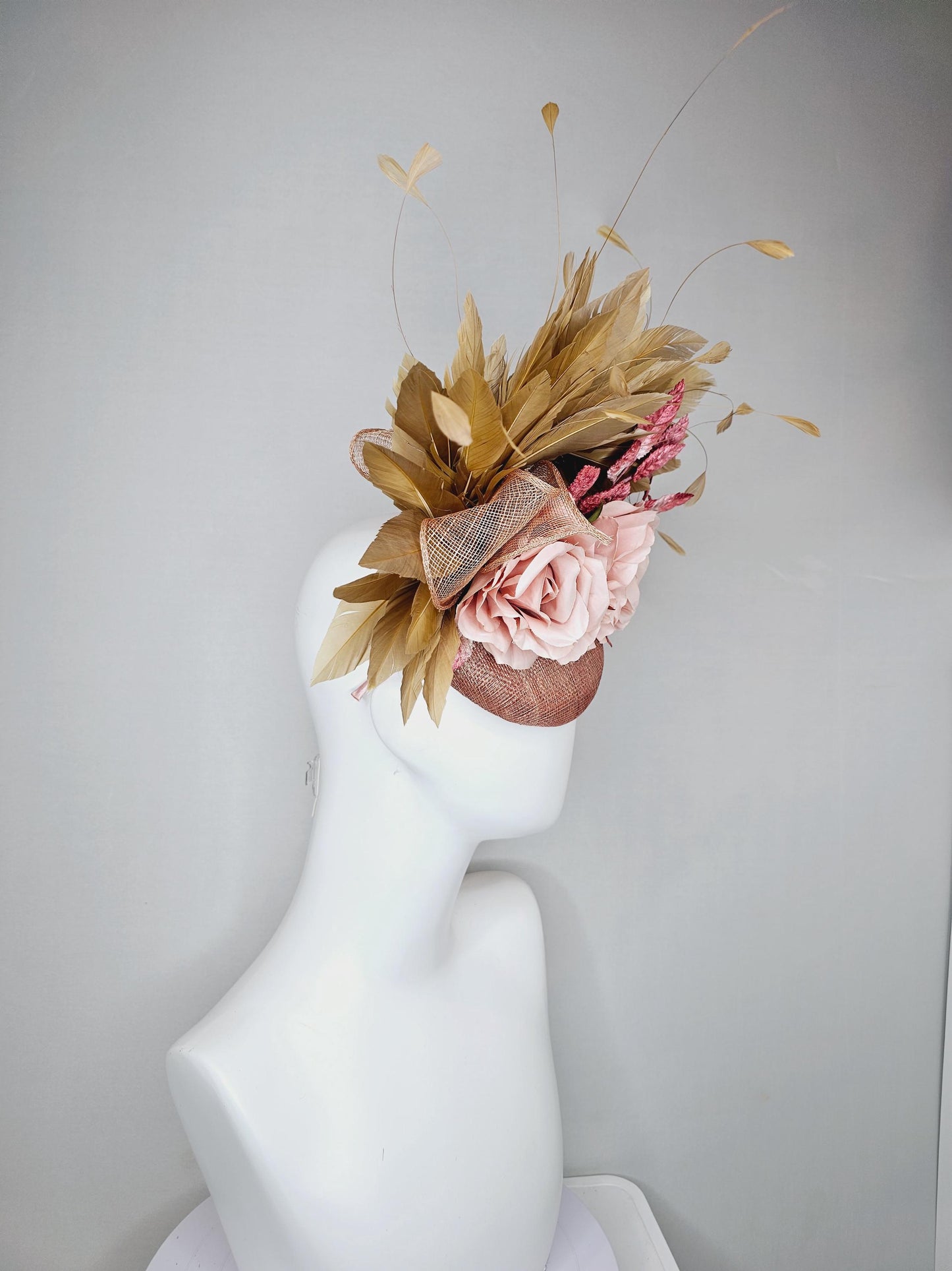 kentucky derby hat fascinator dusty light pink sinamay,taupe beige branching feathers,pink ombre leaves,light blush pink satin silk roses