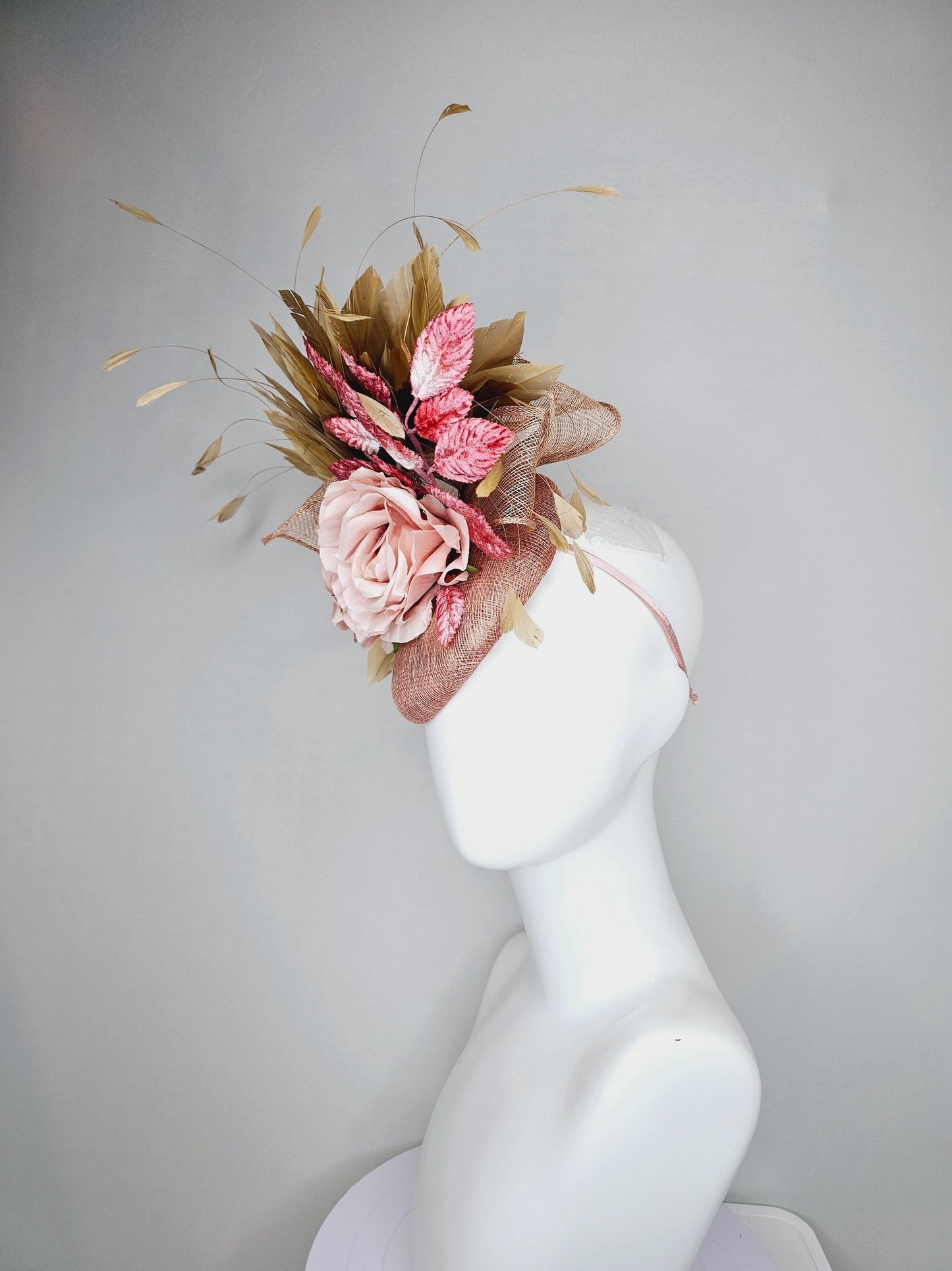 kentucky derby hat fascinator dusty light pink sinamay,taupe beige branching feathers,pink ombre leaves,light blush pink satin silk roses