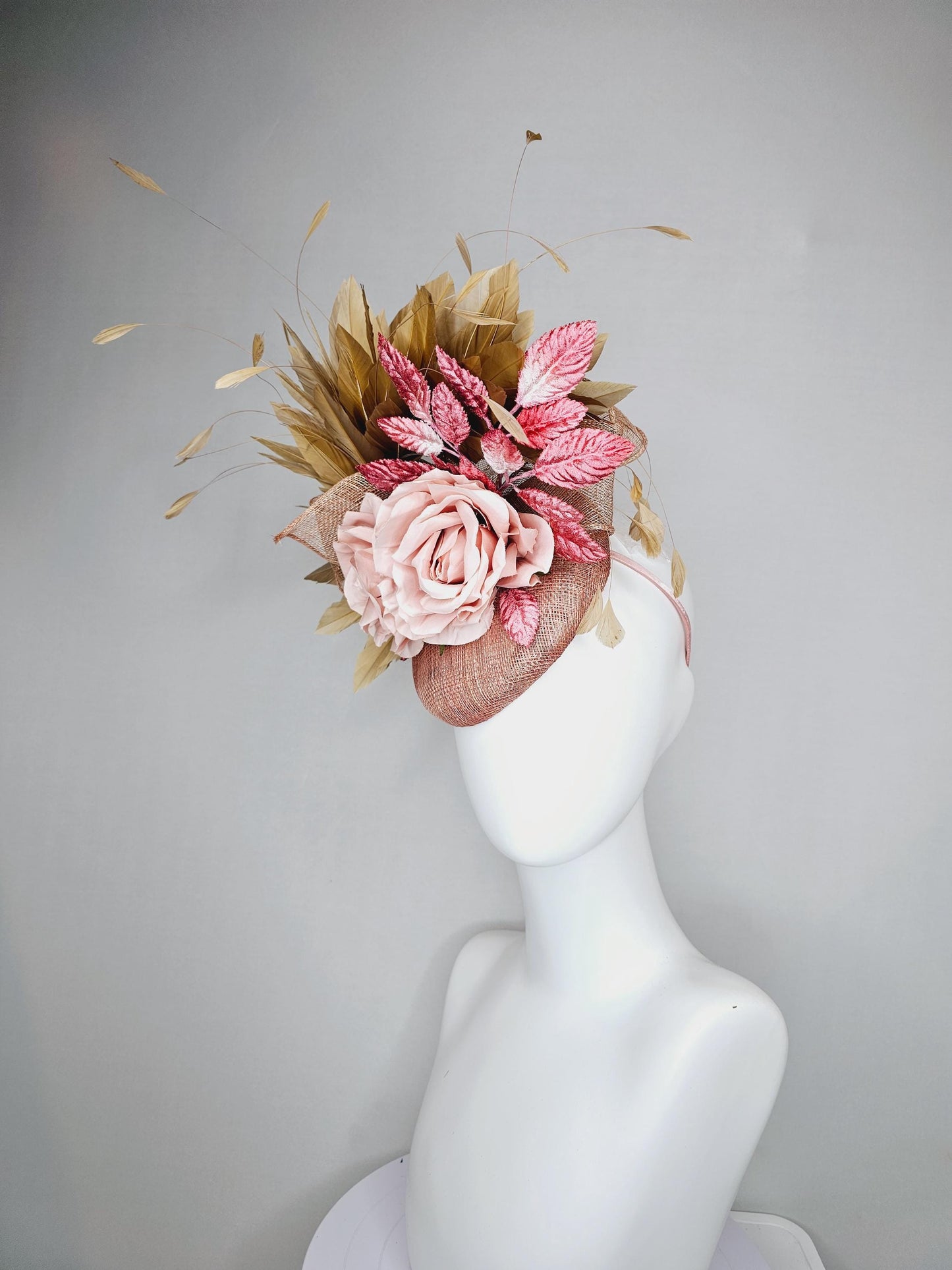 kentucky derby hat fascinator dusty light pink sinamay,taupe beige branching feathers,pink ombre leaves,light blush pink satin silk roses