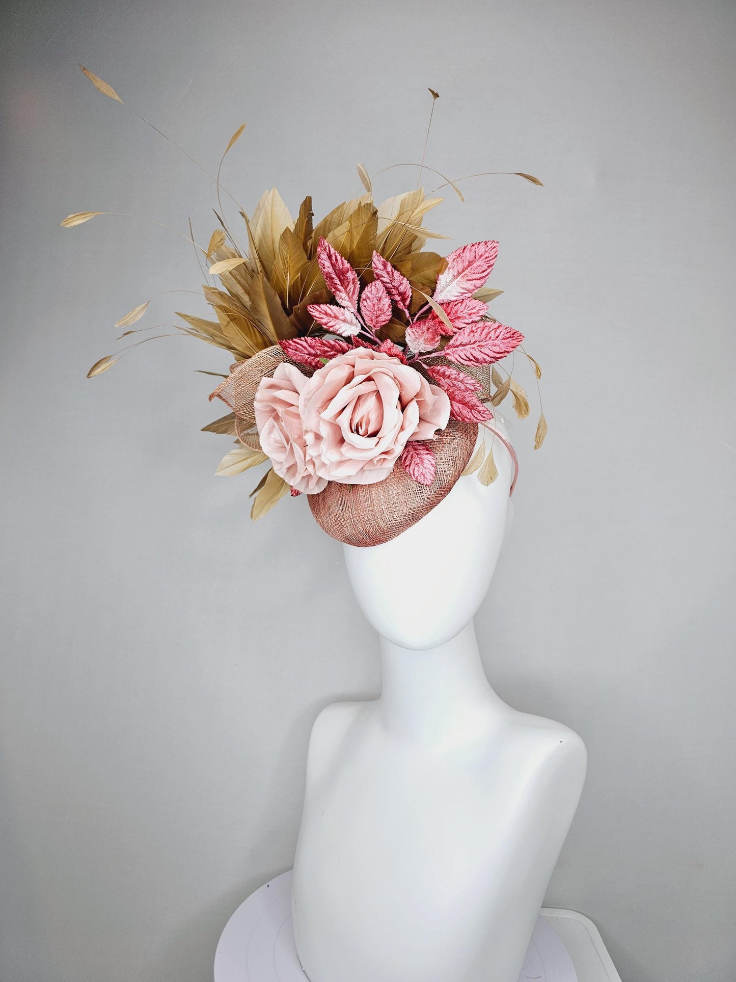 kentucky derby hat fascinator dusty light pink sinamay,taupe beige branching feathers,pink ombre leaves,light blush pink satin silk roses