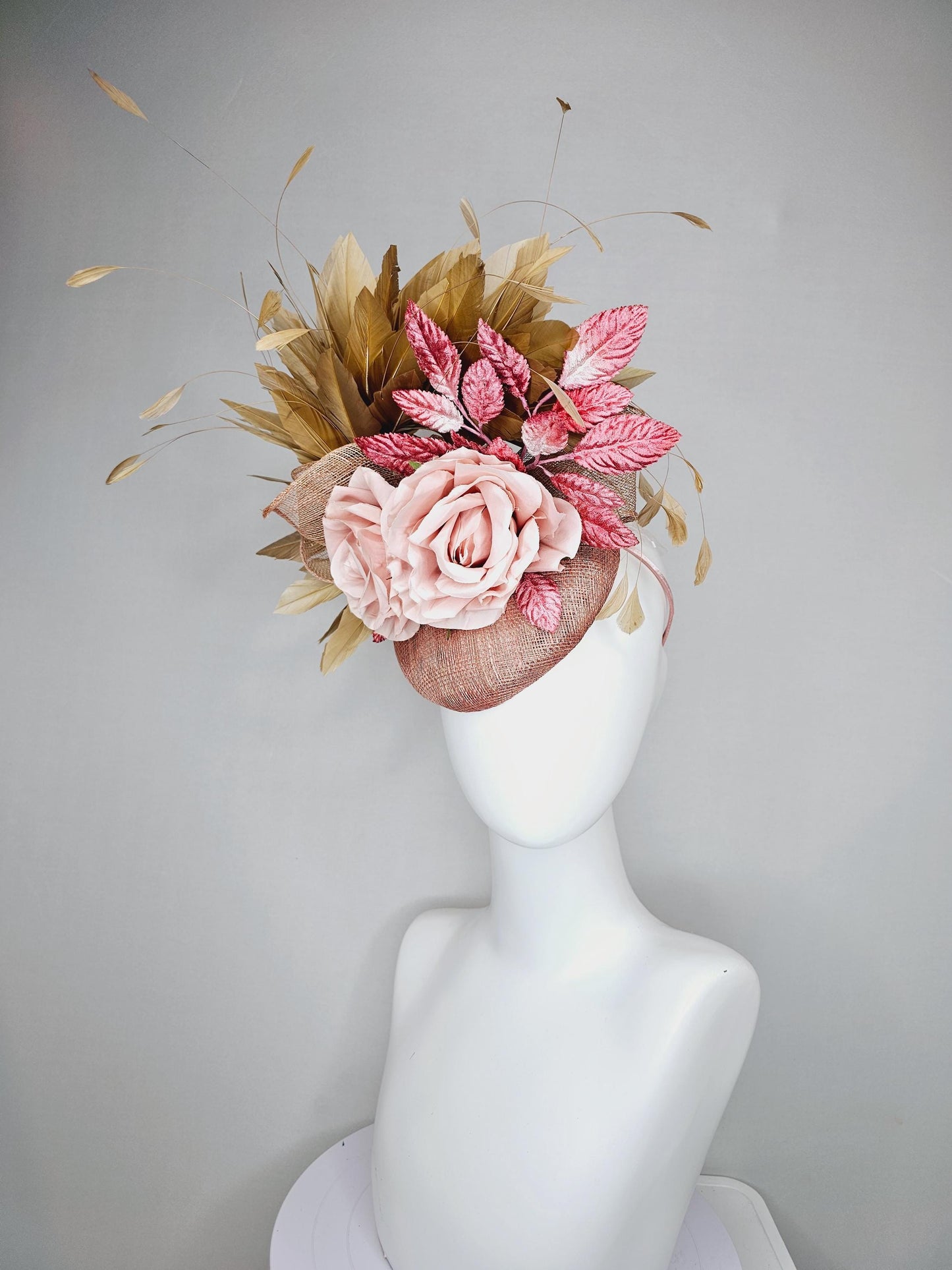 kentucky derby hat fascinator dusty light pink sinamay,taupe beige branching feathers,pink ombre leaves,light blush pink satin silk roses