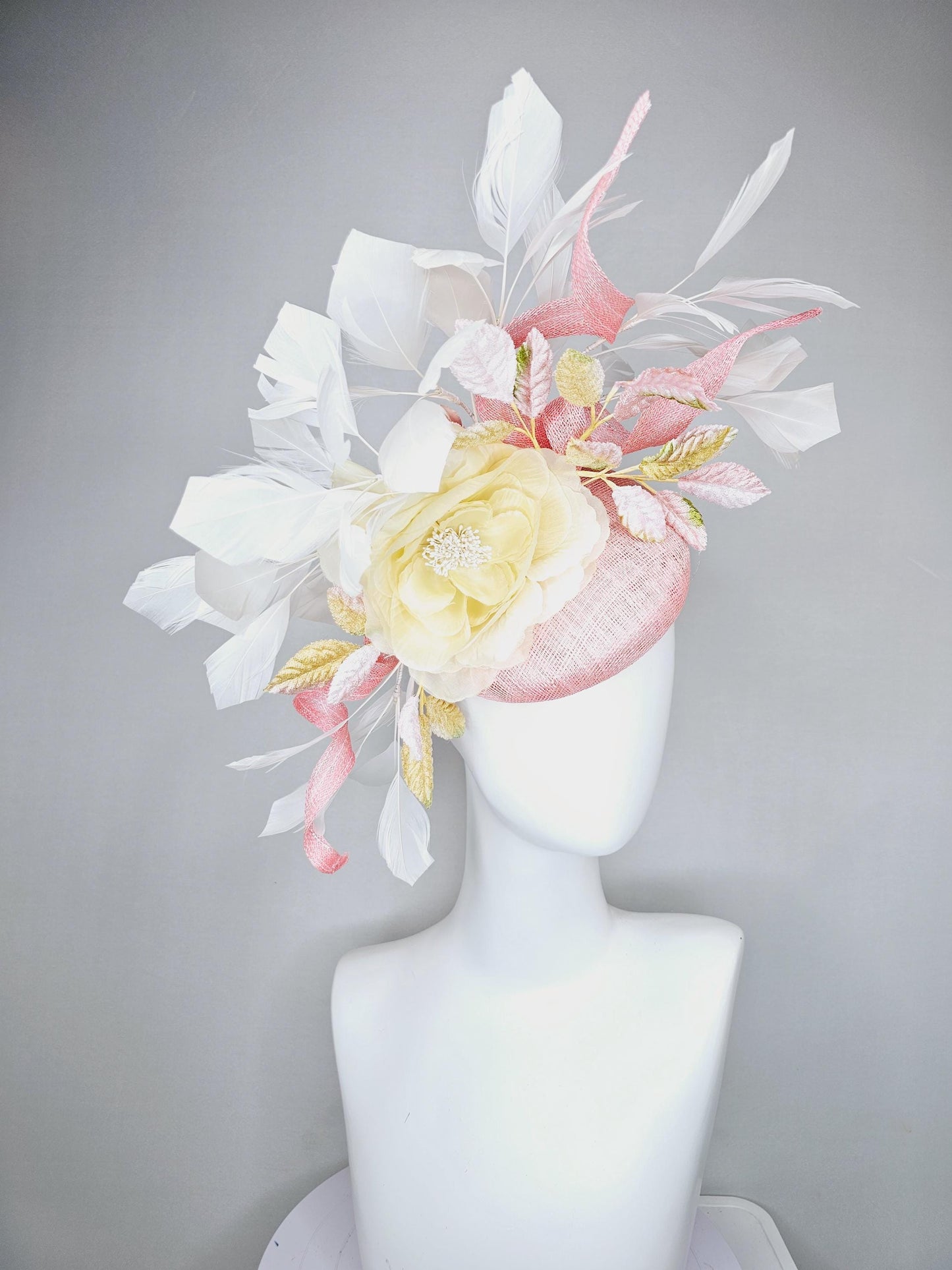 kentucky derby hat fascinator light pink sinamay with curls,white branching feathers,light pastel yellow satin silk rose,yellow pink leaves