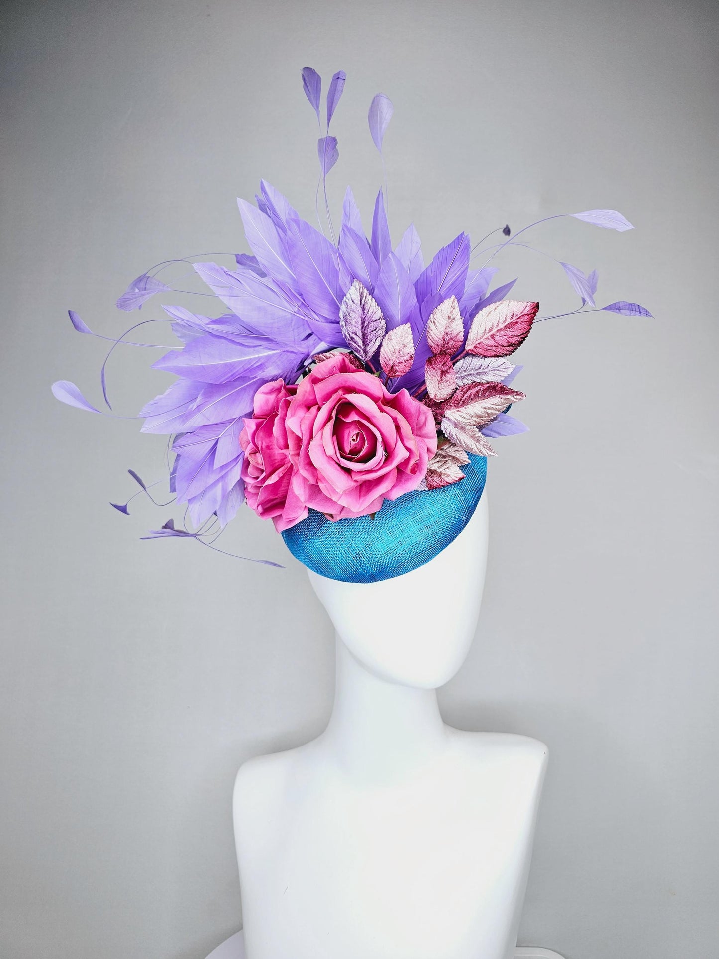 kentucky derby hat fascinator bright blue sinamay,lavender purple branching feathers,pink satin silk rose,pink beige ombre velvet leaves