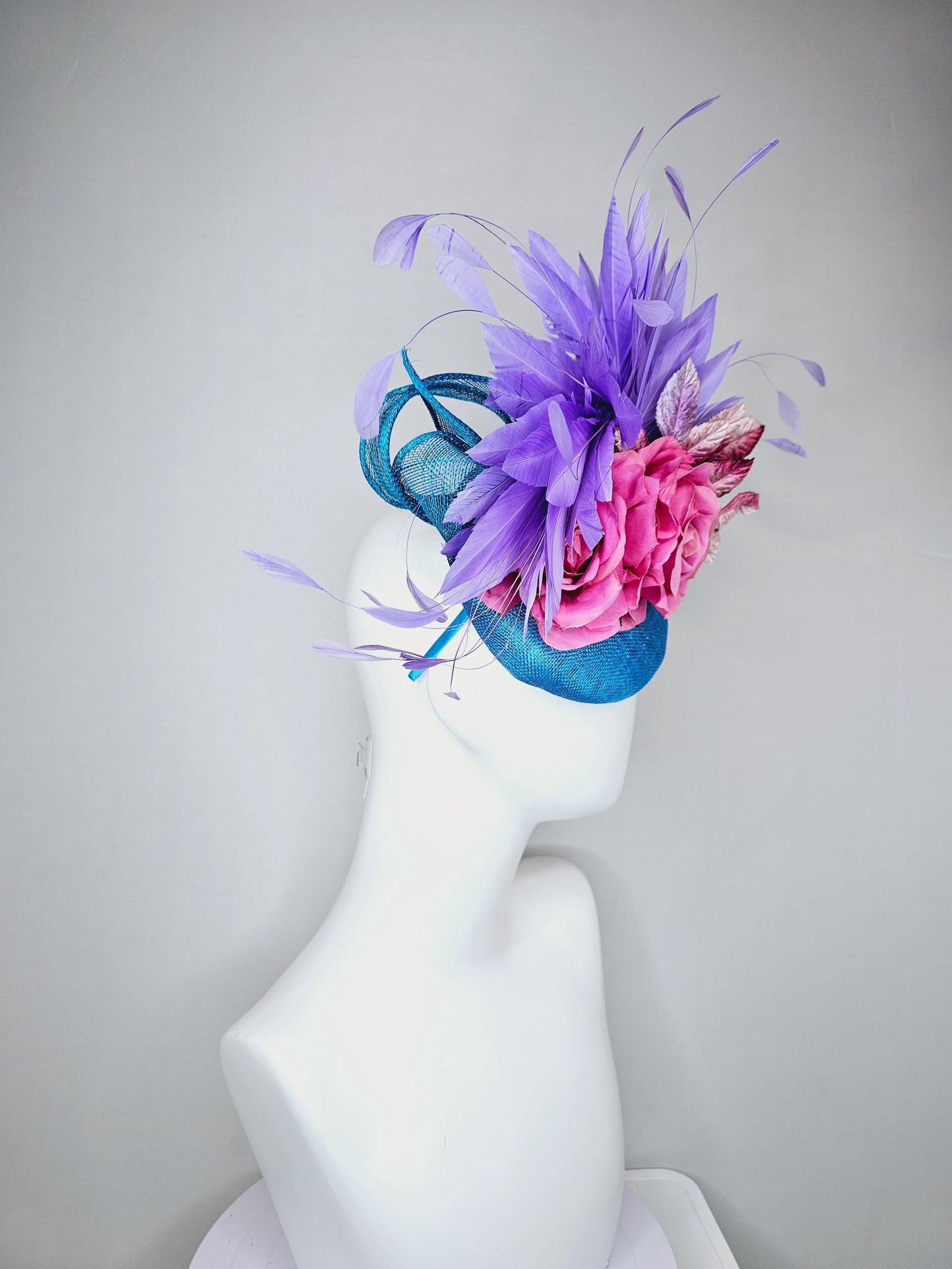 kentucky derby hat fascinator bright blue sinamay,lavender purple branching feathers,pink satin silk rose,pink beige ombre velvet leaves